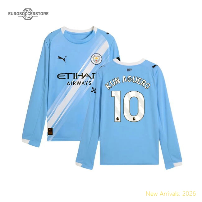 2025-2026 Man City Long Sleeve Home Kit Kids Kun Aguero 10