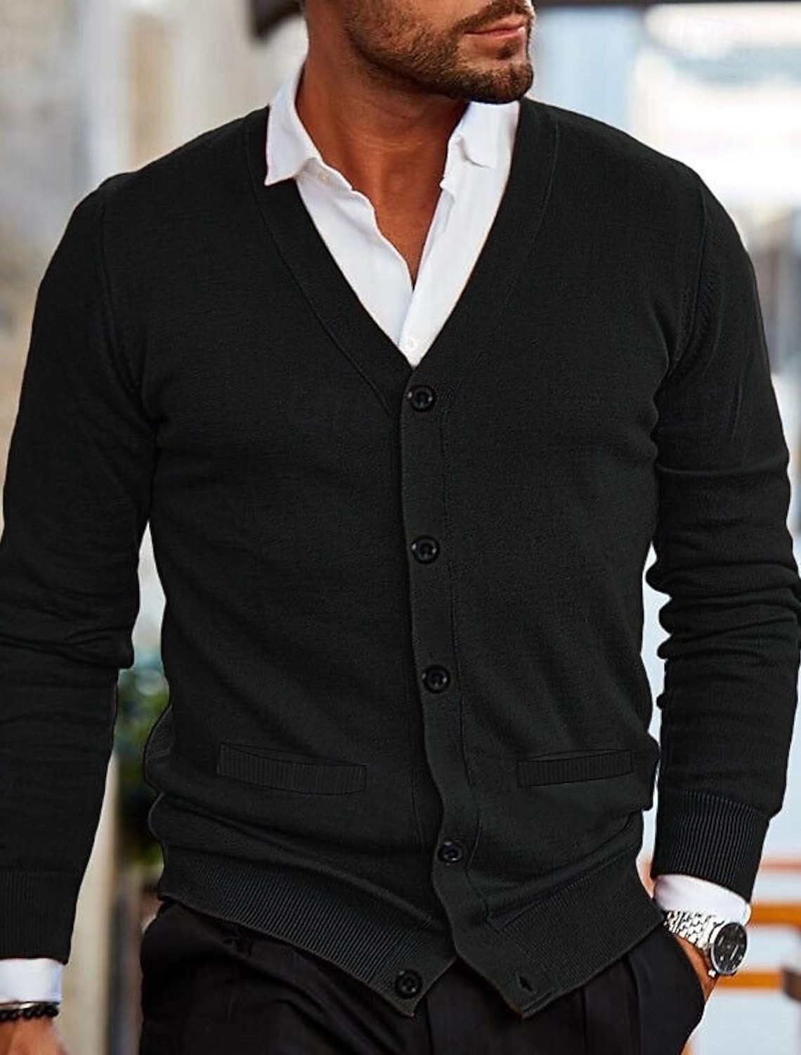 Men's Sweater Cardigan Cropped Ribbed Knit Regular Tops Knitted Plain