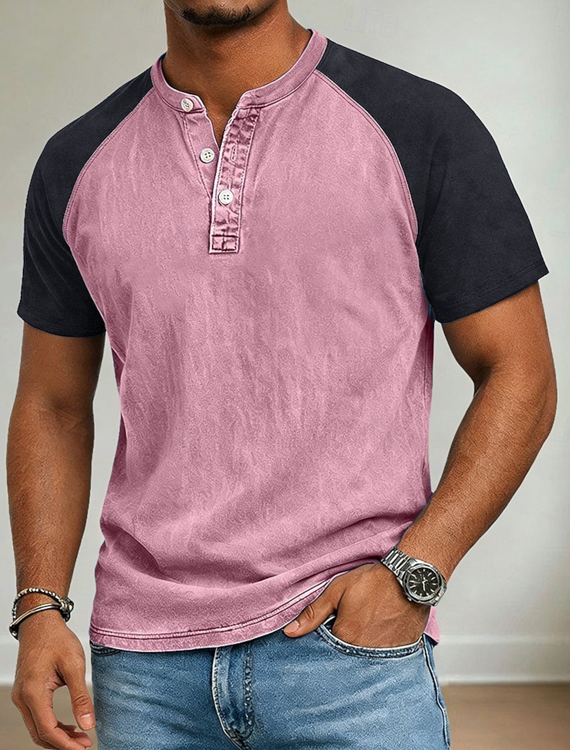 Men's T Shirt Henley Shirt 100% Cotton Acid Wash Shirt Tee Top Long Sleeve Plain Vintage Streetwear Casual Washed Raglan Sleeves Stand Collar Henley Casual Home Street Spring Fall Fall & Winter Black