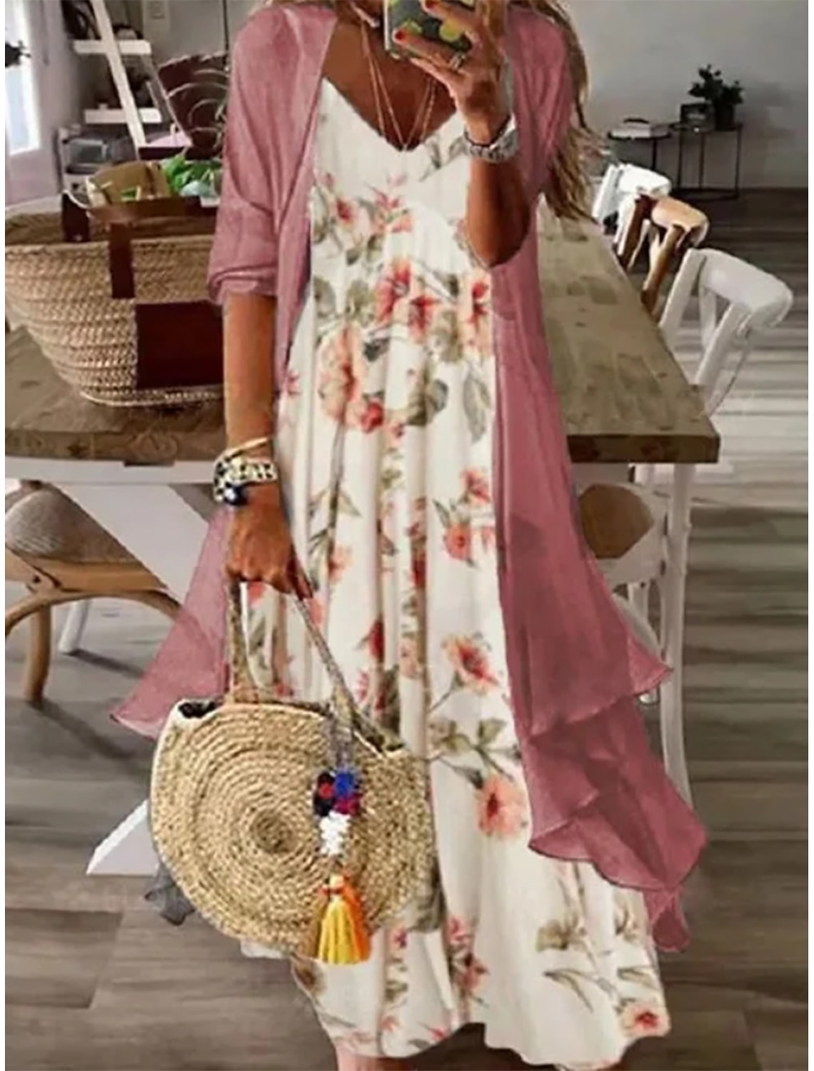Women's Dress Set Casual Dress Print Dress Fashion Casual Floral Print Long Dress Maxi Dress 3/4 Length Sleeve V Neck Daily Outdoor Blue Pink Sky Blue Summer Spring Regular Fit