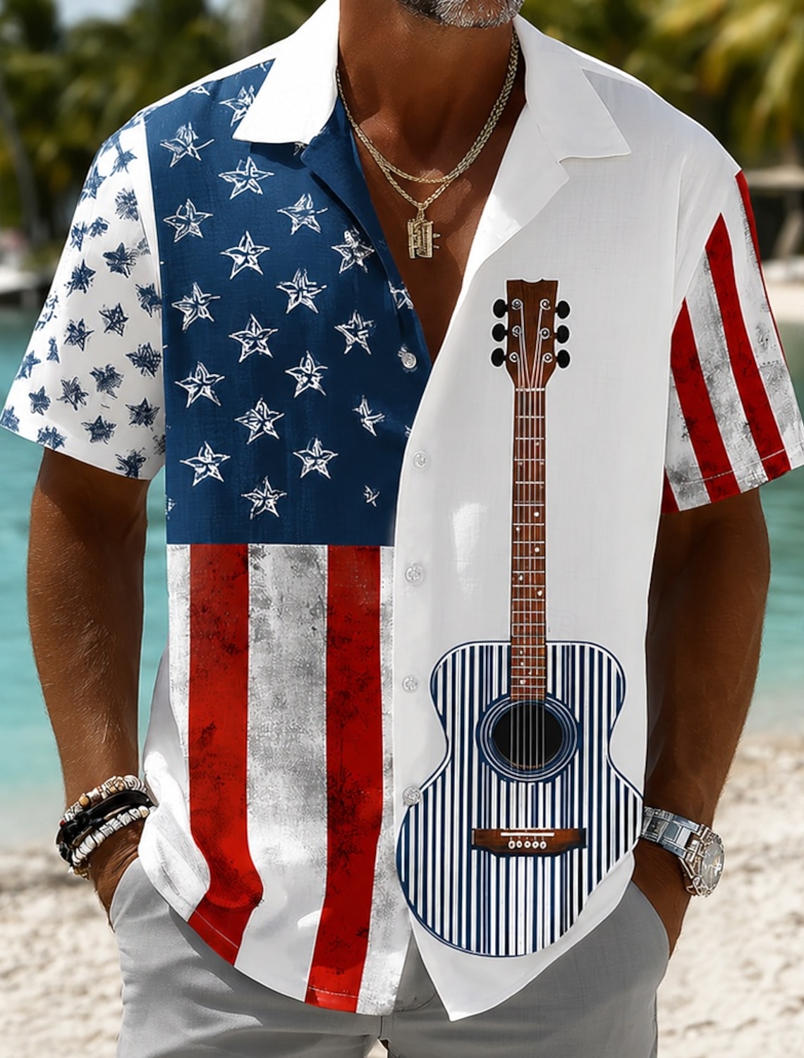 Men's 4th of July U.S. 250th Anniversary Guitar American Flag Shirt Summer Shirt Tropical Shirts Short Sleeve Patriotic Vacation Holiday Summer Spring Turndown 3D Print Button Up Shirts Blue Dark