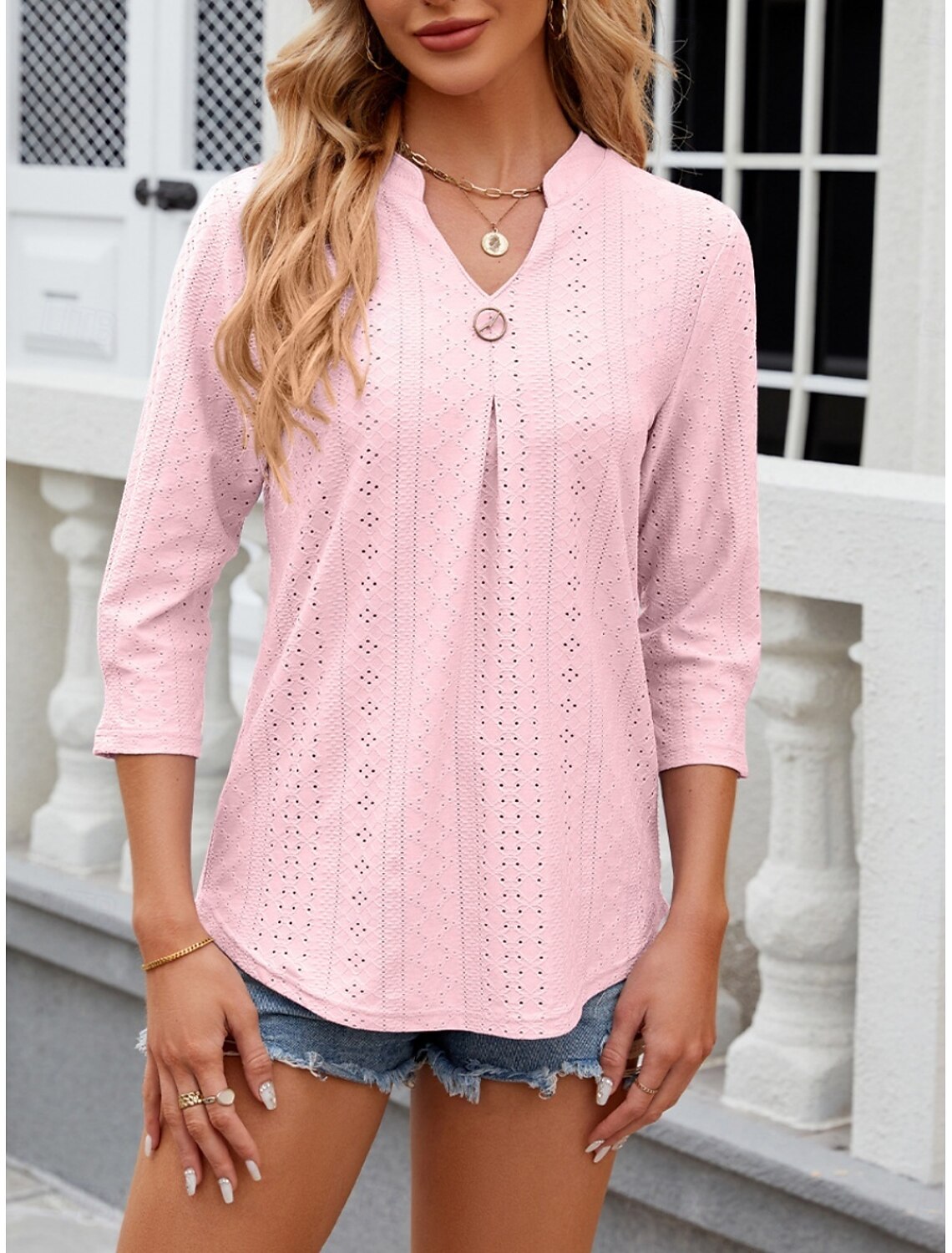 Women's Shirt Blouse Stylish Casual Floral Regular Tops Long Sleeve Notched Neck Eyelet Regular Fit Daily Summer Spring