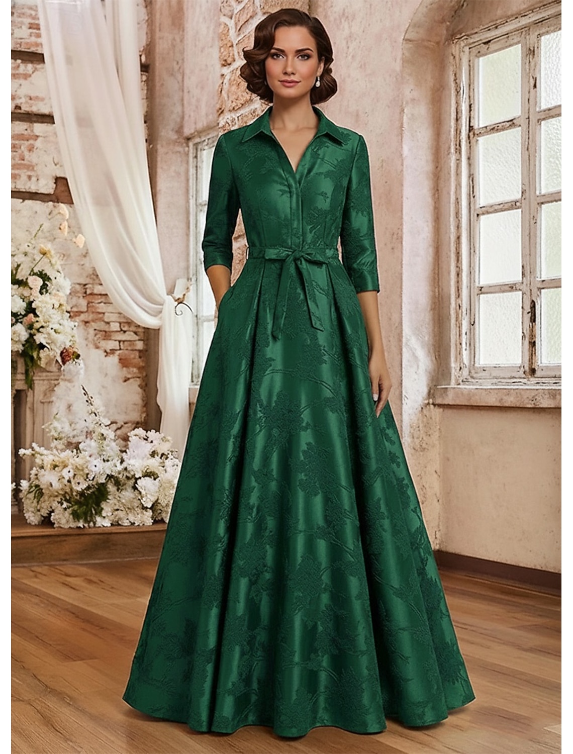 A-Line Floor Length Formal Dresses Evening Gown Mother of the Bride Dress 3/4 Length Sleeve Shirt Collar Elegant Vintage Formal Wedding Guest Formal Evening Satin Jacquard with Bow(s) Pleats