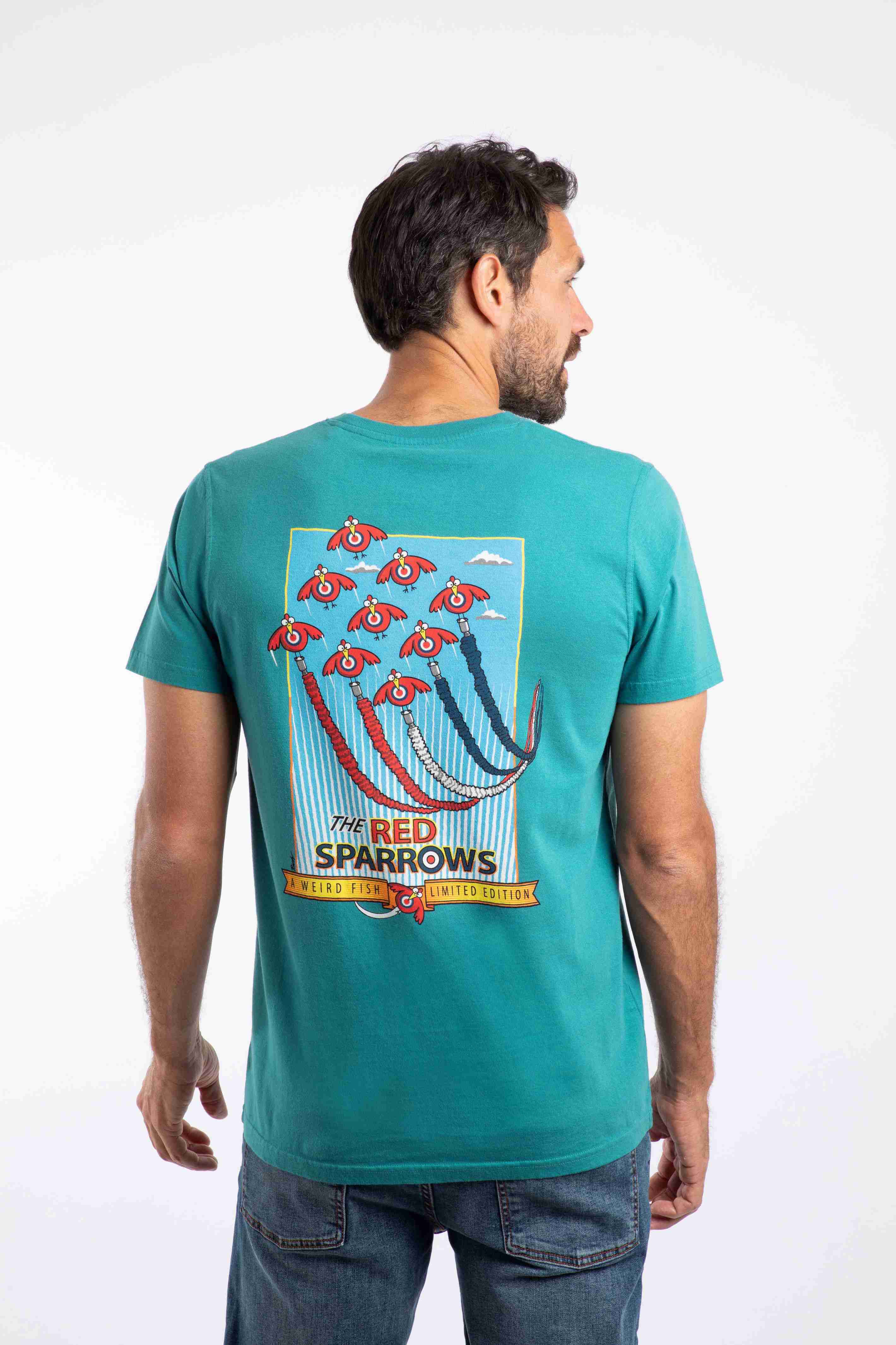 Red Sparrows Back Print Artist T-Shirt Deep Teal