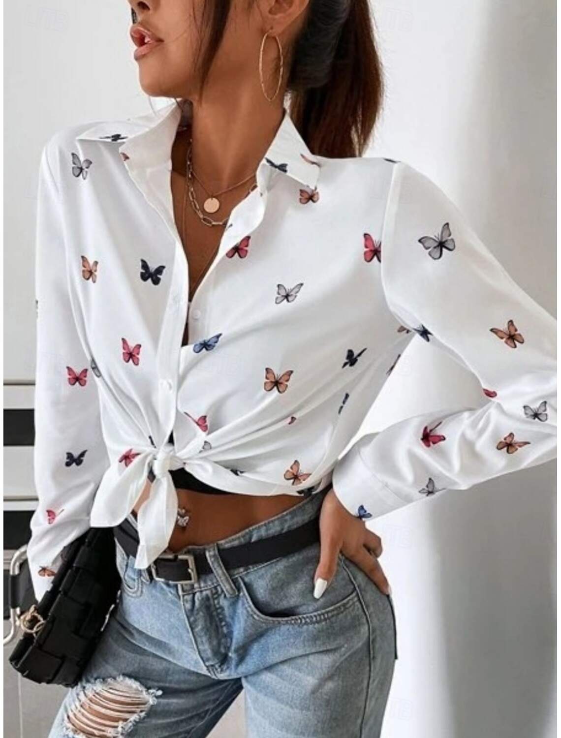 Women's Shirt Blouse Stylish Casual Butterfly Regular Tops Long Sleeve Shirt Collar Buttons Print Regular Fit Daily Summer Spring