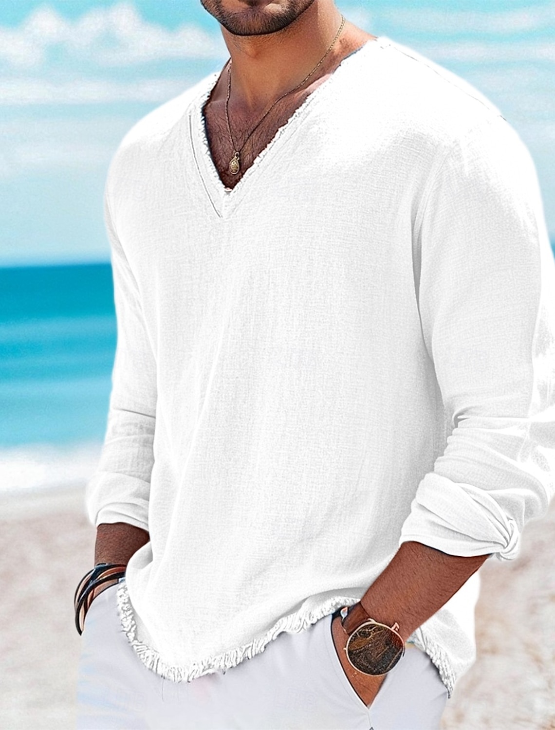Men's Henley Shirt Tee Top Linen T-Shirt Long Sleeve Solid Color Plain