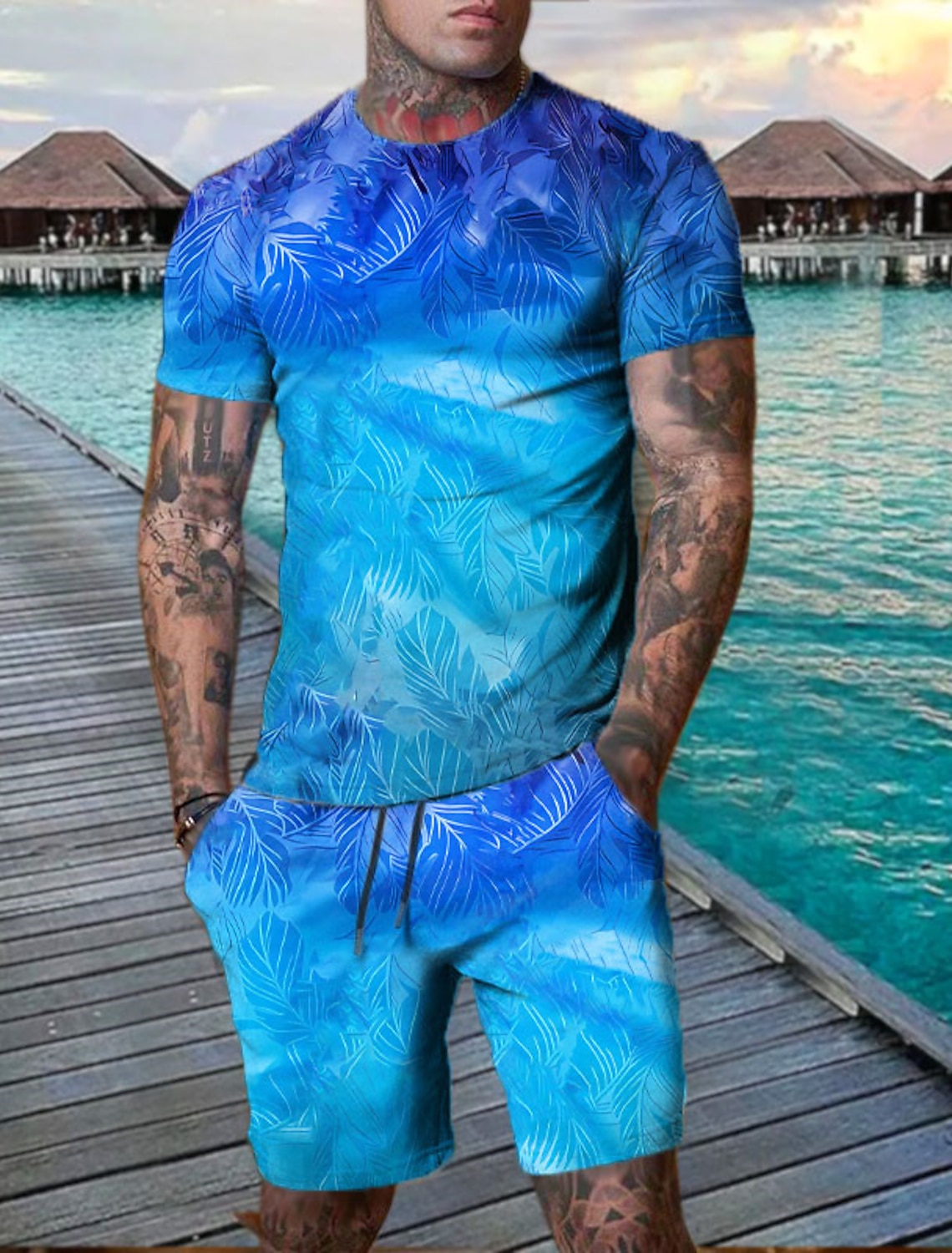 Men's Graphic Leaf Plant 2pcs Tees sets Shorts and T Shirt Set T-Shirt Outfits Short Sleeve Crew Neck Designer Casual Comfortable Outdoor Vacation Daily 3D Print 2 Piece Spring & Summer Blue Dark