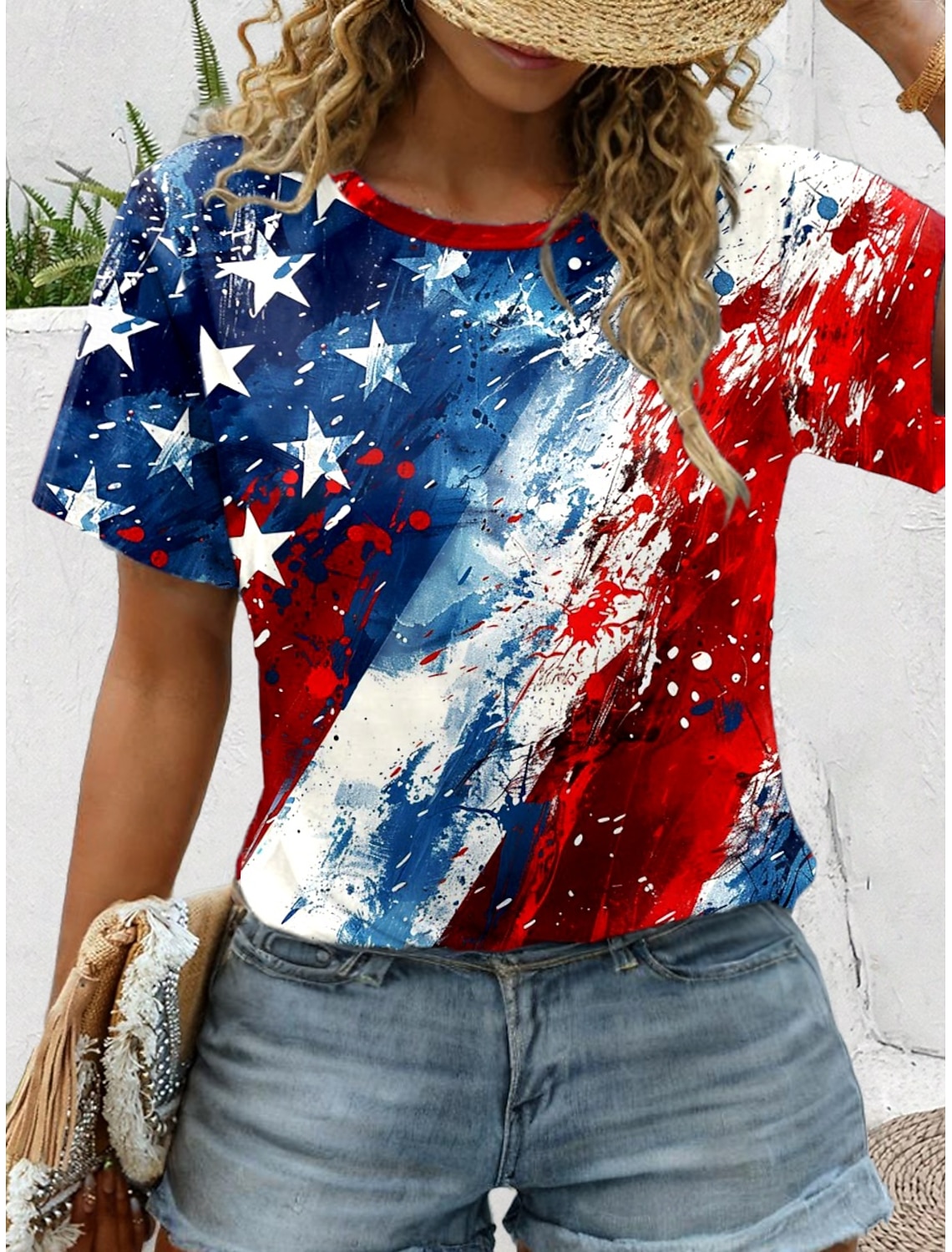Independence Day American Anniversary Patriotic Women's T Shirt Print Asymmetrical Graphic Flag American Flag Vintage Fashion Stylish Short Sleeve One Shoulder Regular Tops Daily