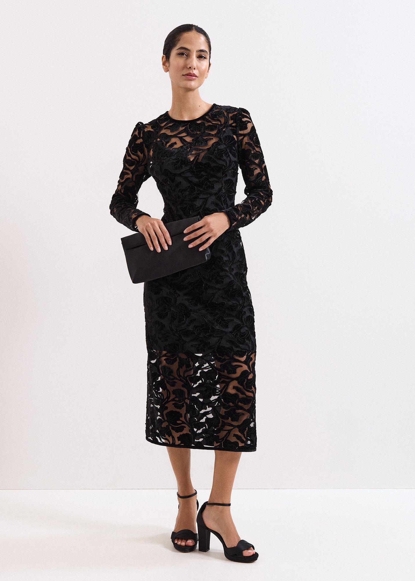 Viktoria Black Applique Velvet Midi Dress