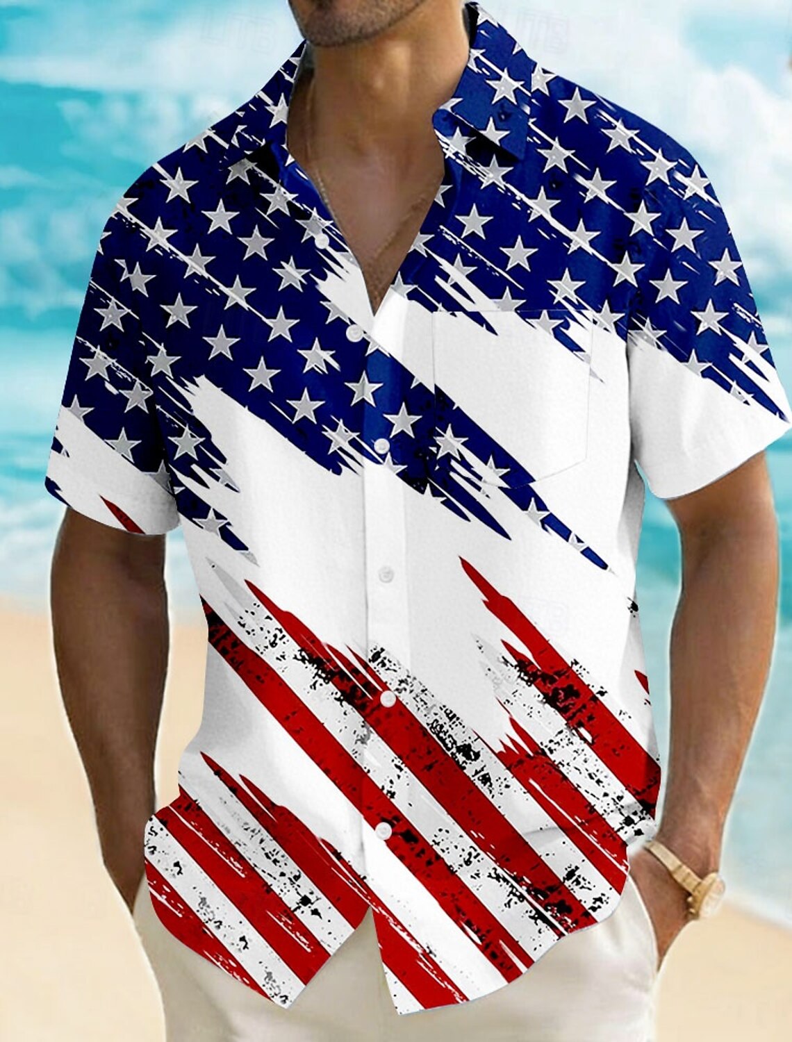 Men's 4th of July U.S. 250th Anniversary American Flag Shirt Summer Shirt Button Up Shirt Short Sleeve Patriotic Outdoor Holiday Summer Spring Turndown 3D Print Front One Pocket Linen Like Shirt Blue