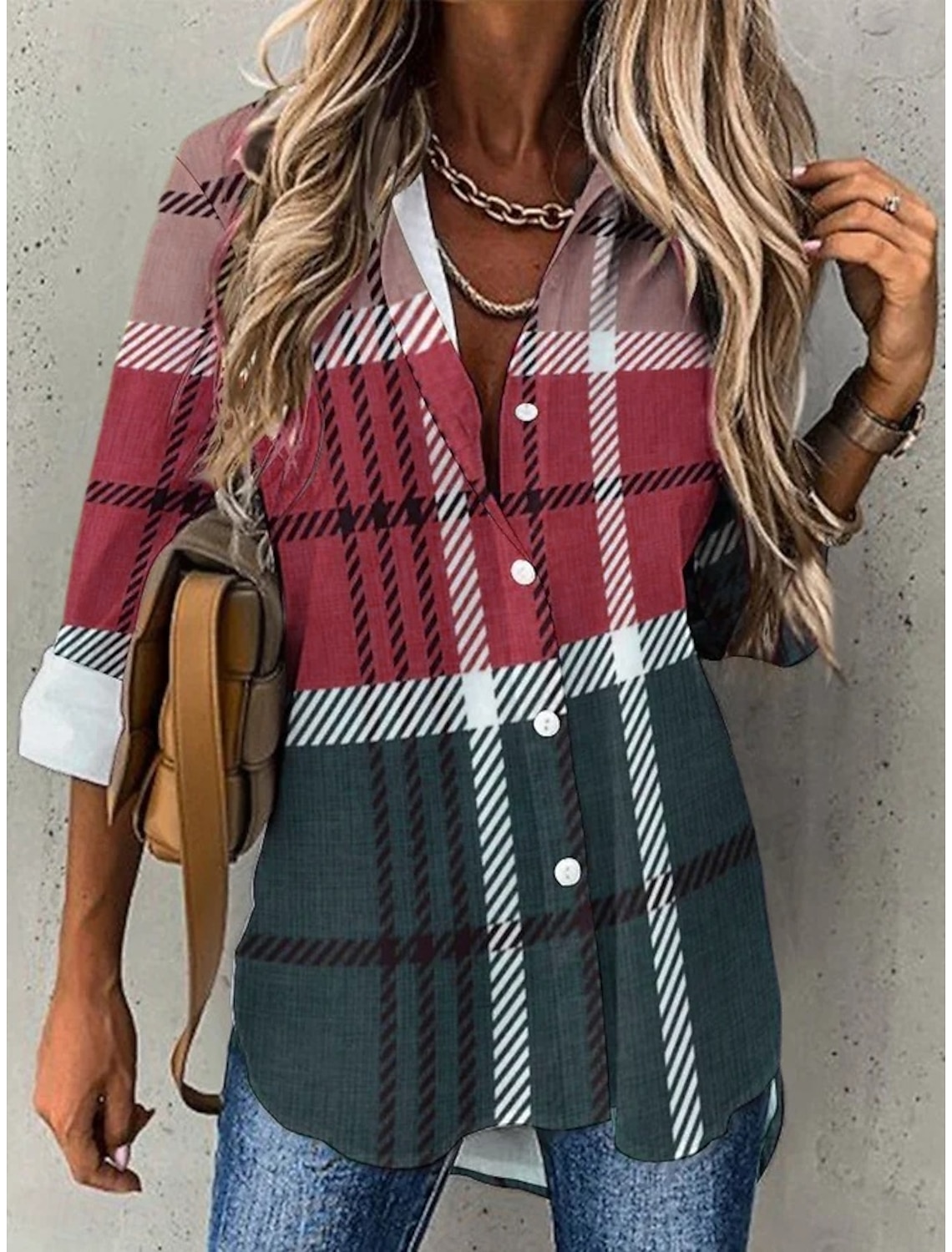 Women's Shirt Blouse Fashion Plaid Buttons Print Long Sleeve Regular Tops Shirt Collar Casual Spring & Fall