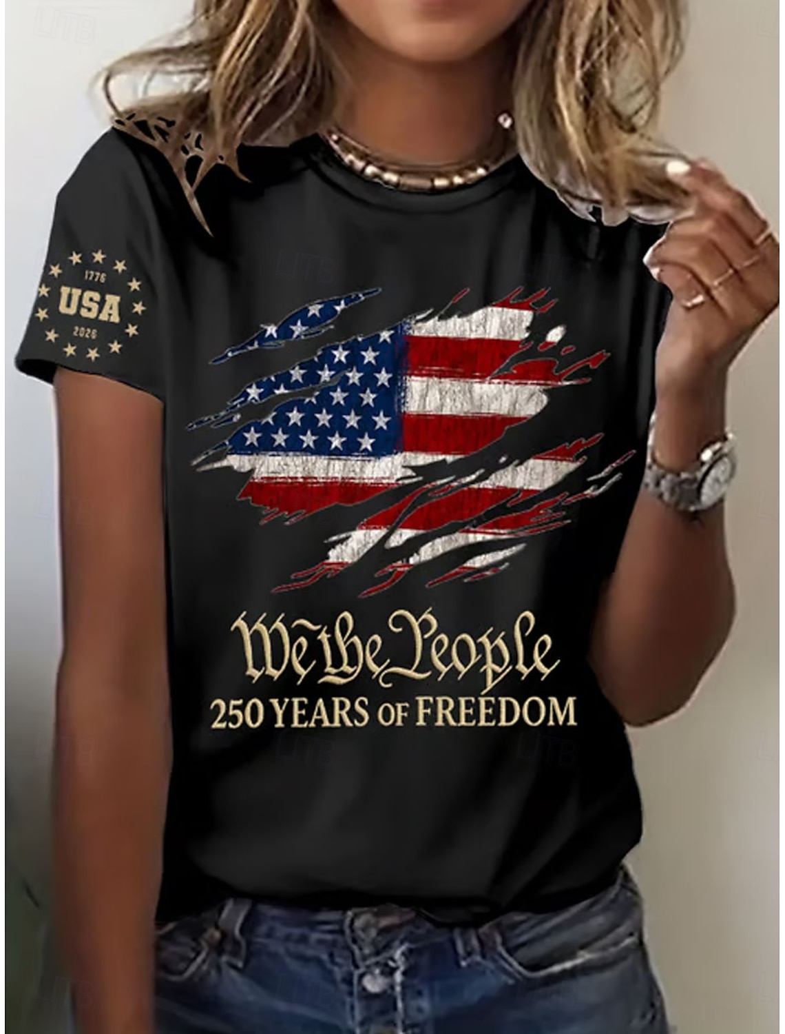 Independence Day American Anniversary Patriotic Women's T Shirt Graphic Flag Letter Vintage Fashion Stylish Short Sleeve Crew Neck Daily Weekend Print Blue Black White Red Summer Spring