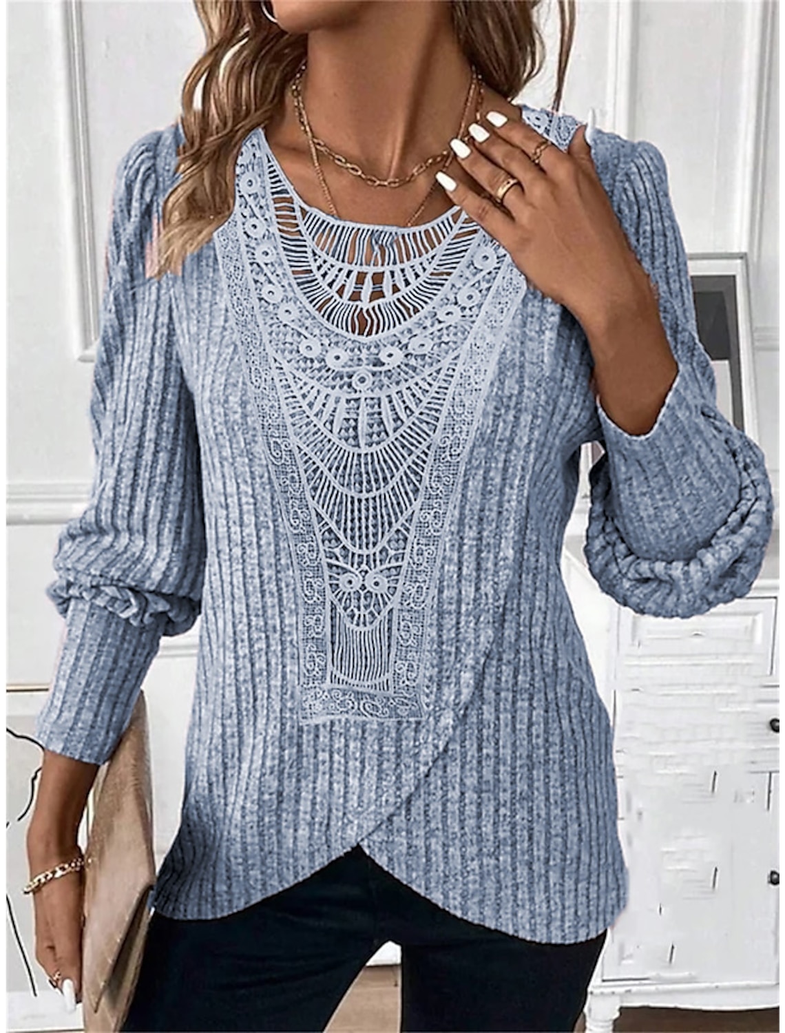 Women's Blouse Dressy Tops Casual Lace Long Sleeve Regular Tops Crew Neck Daily Spring & Fall