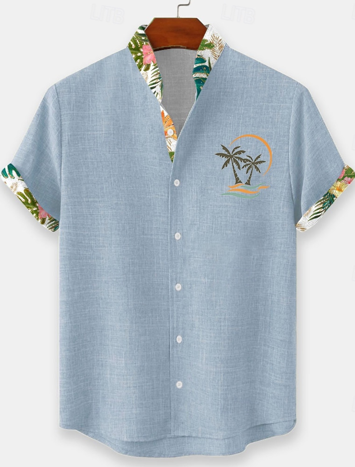 Men's Coconut Tree Tropical Plants Flowers Summer Hawaiian Shirt Button Up Shirt Stand Collar Shirt Short Sleeve Hawaiian Beach Vacation Wear Summer Spring Mandarin Collar 3D Print Linen Like Shirt