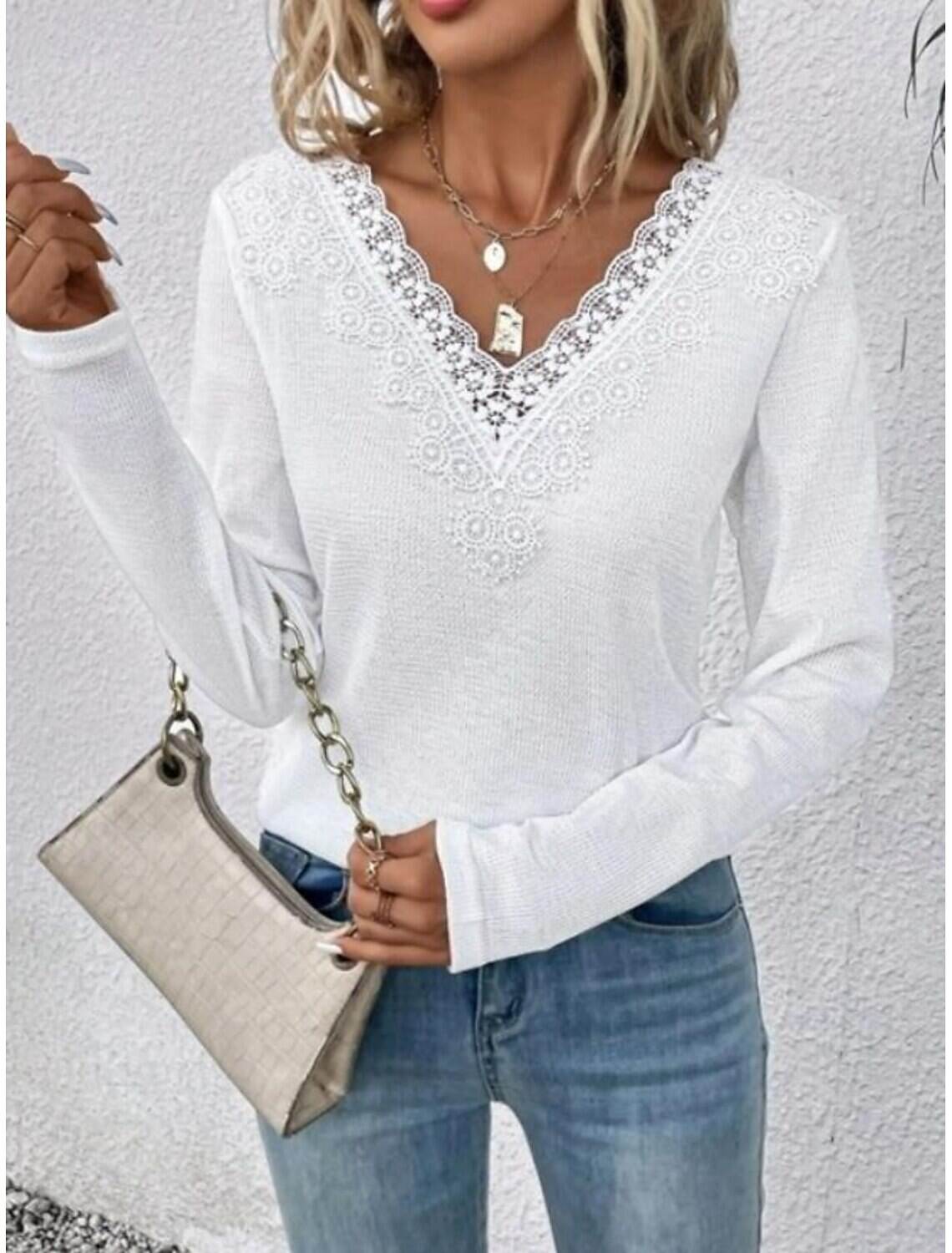 Women's Elegant Lace Tops Eyelet Blouse Casual Lace Long Sleeve Regular Tops V Neck Daily Romantic Petite Tops Summer Holiday Wear Spring Fall Semi Formal Blouses