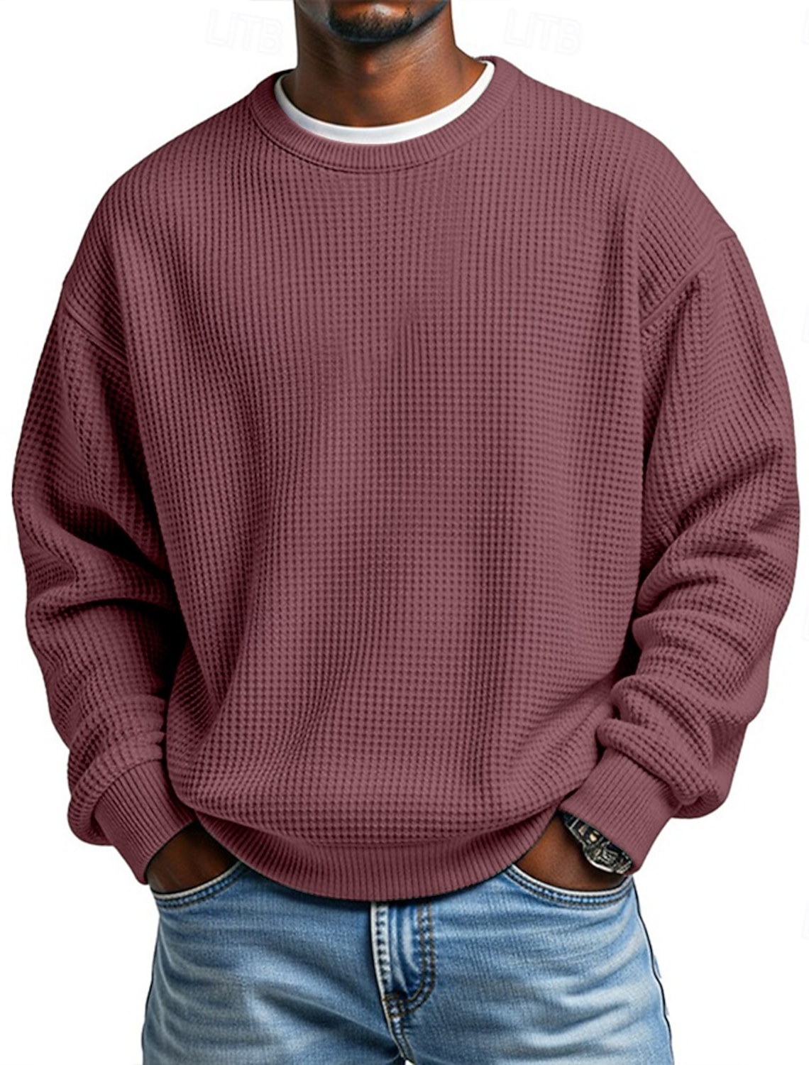 Men's Sweatshirt Waffle Pullover Apricot Black White Light Green Red