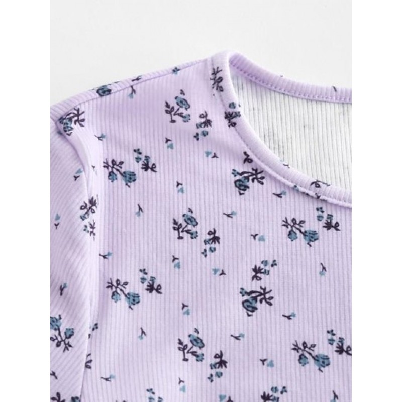 Floral Ribbed Cinched Tie Baby Tee OI5799