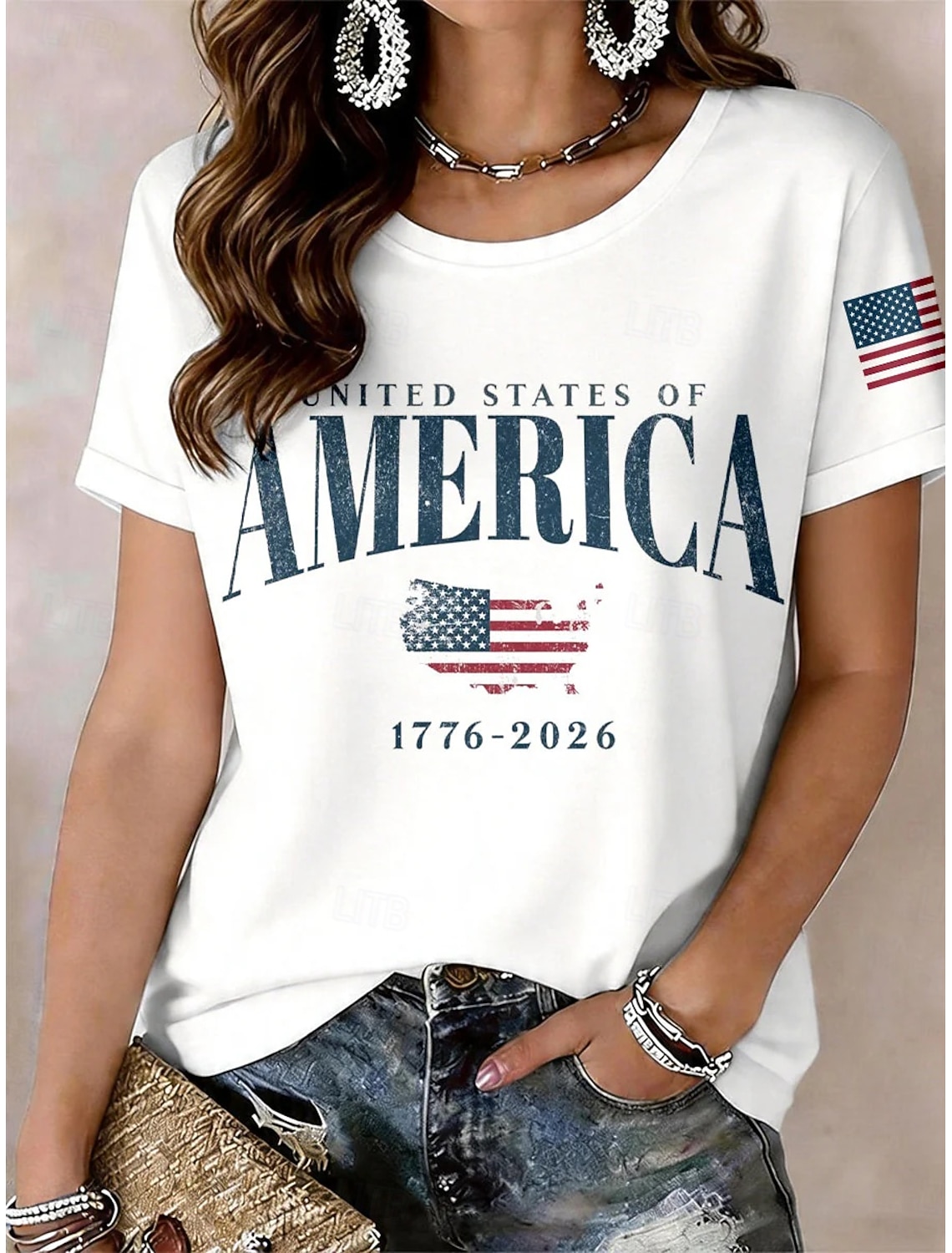 American Independence Day Women's T Shirt Print Graphic American Flag Vintage Fashion Casual Short Sleeve Crew Neck Regular Tops Casual Daily Weekend Red / Blue Summer Spring