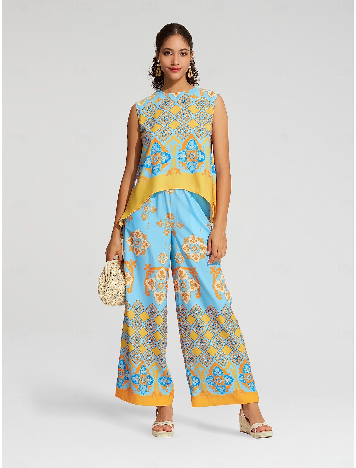 Satin Boho Double Slit Crew Neck Sleeveless Tank Top