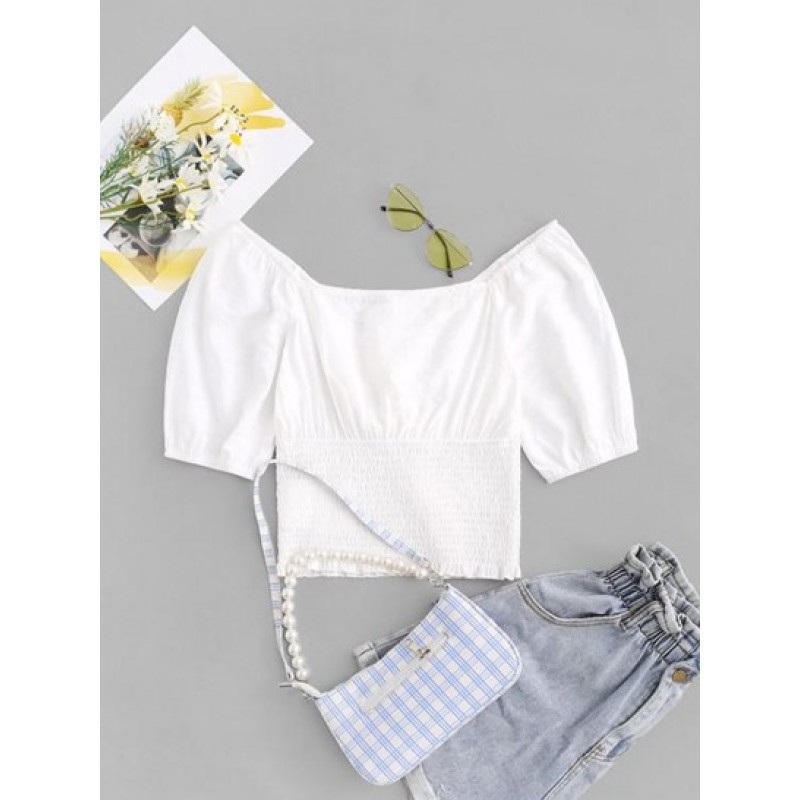 Knotted Puff Sleeve Plunge Shirred Blouse YE8032