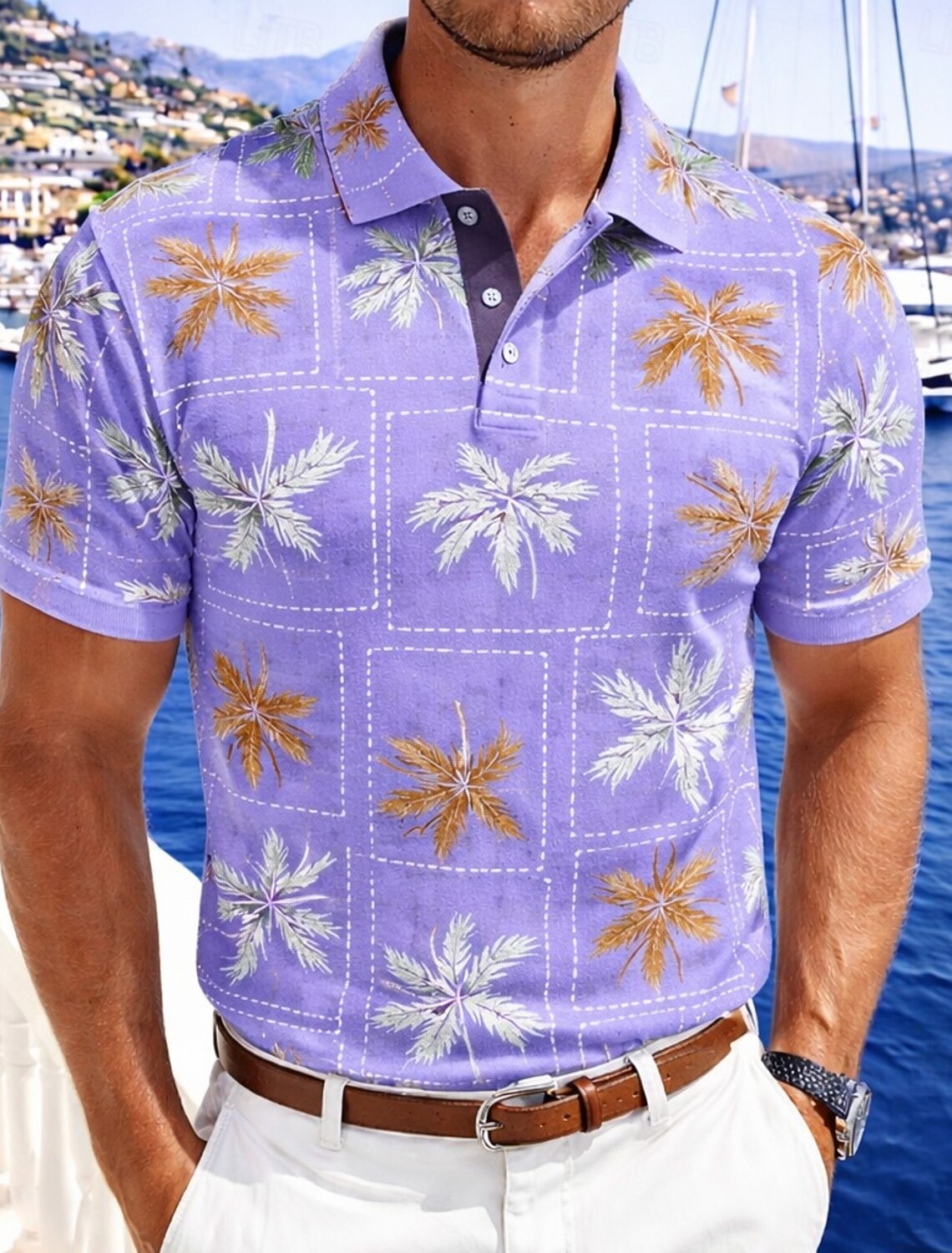 Men's Palm Tree Polo Shirts Short Sleeve Collared Hawaiian Casual