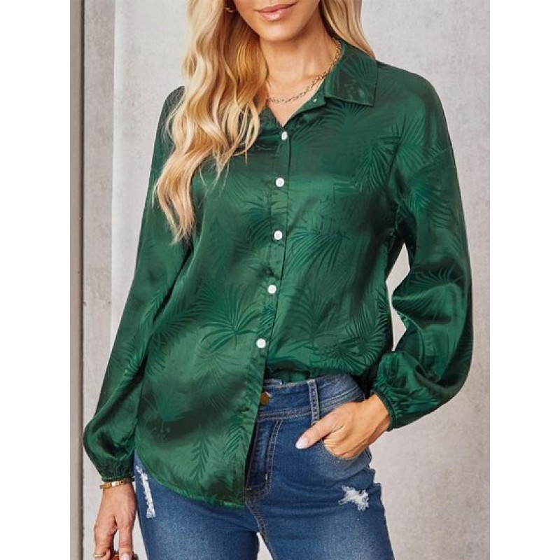 Leaves Jacquard Silky Satin Button Down Shirt KK3508