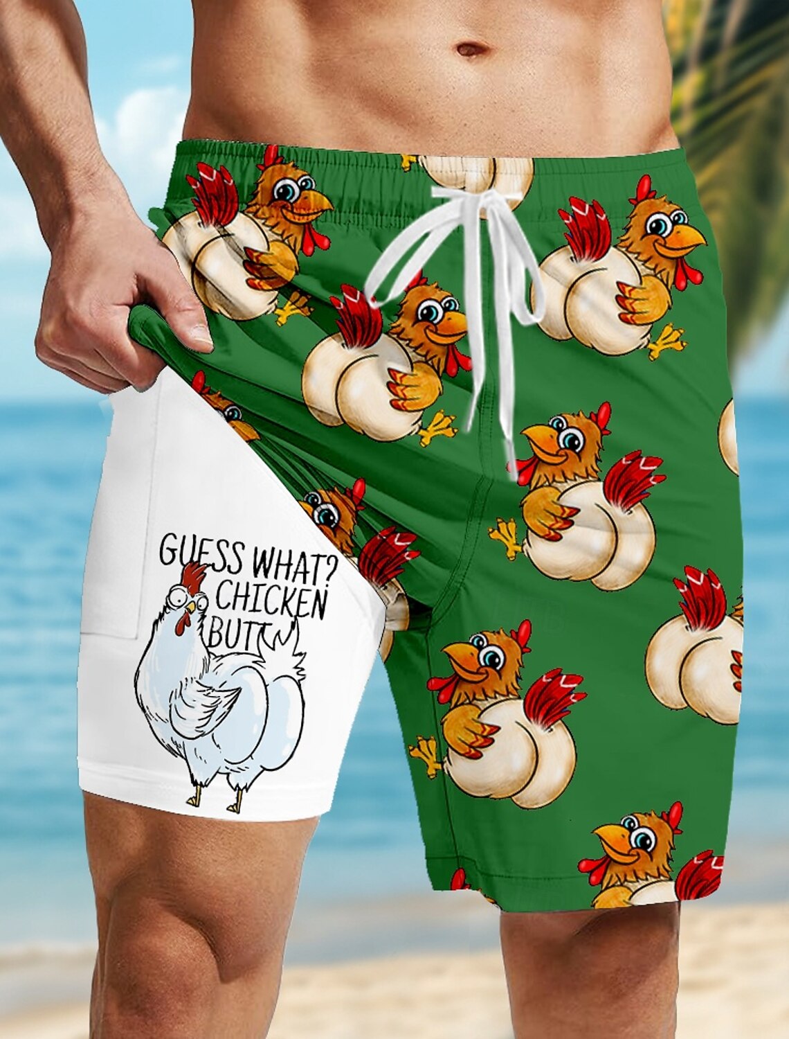 Men's Flamingo Bird Lined Shorts Swim Board Mid Waist Hawaiian