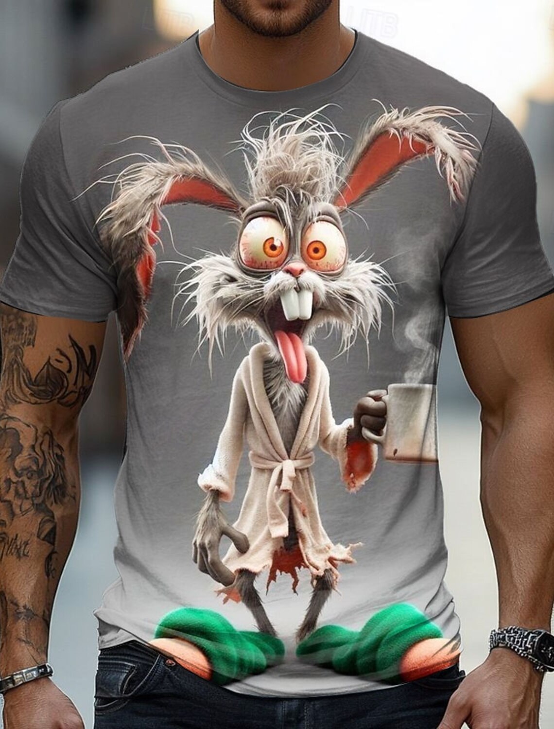 Men's Rabbit Rooster Funny T Shirt Short Sleeve 3D Print Crew Neck