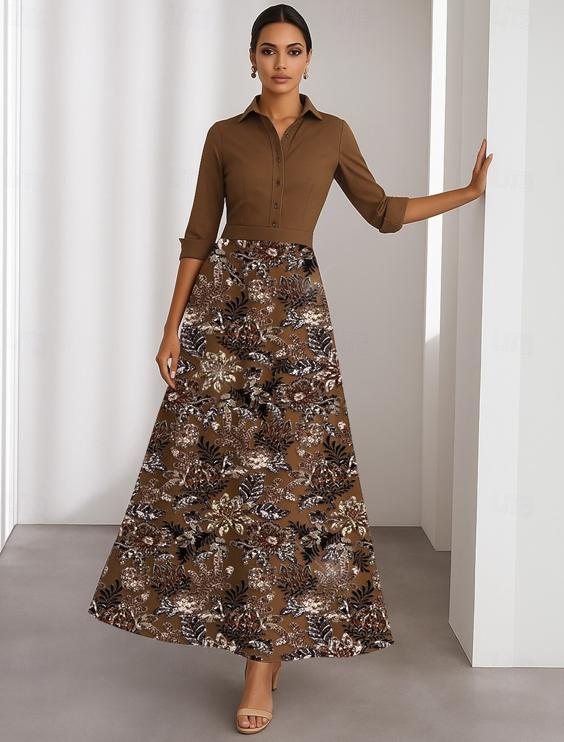 A-Line Floor Length Beaded Eembroidered Wedding Guest Dress Formal Dresses Mother of the Bride Dress Half Sleeve Shirt Collar Elegant Formal Wedding Guest Satin with Bow(s) Sequin Appliques