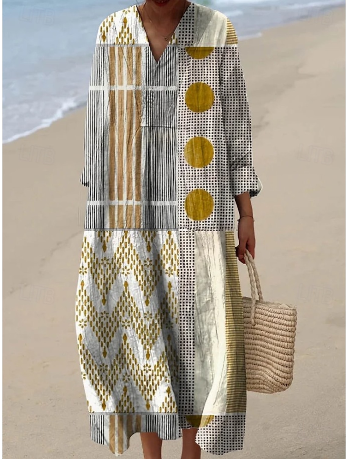 Women's Midi Dress V Neck Long Sleeve Kaftan Lightweight Loose Fit A Line Dress Casual Boho Going out Graphic Geometric Stripe Long Sleeve V Neck Black Yellow Light Green Red Fall