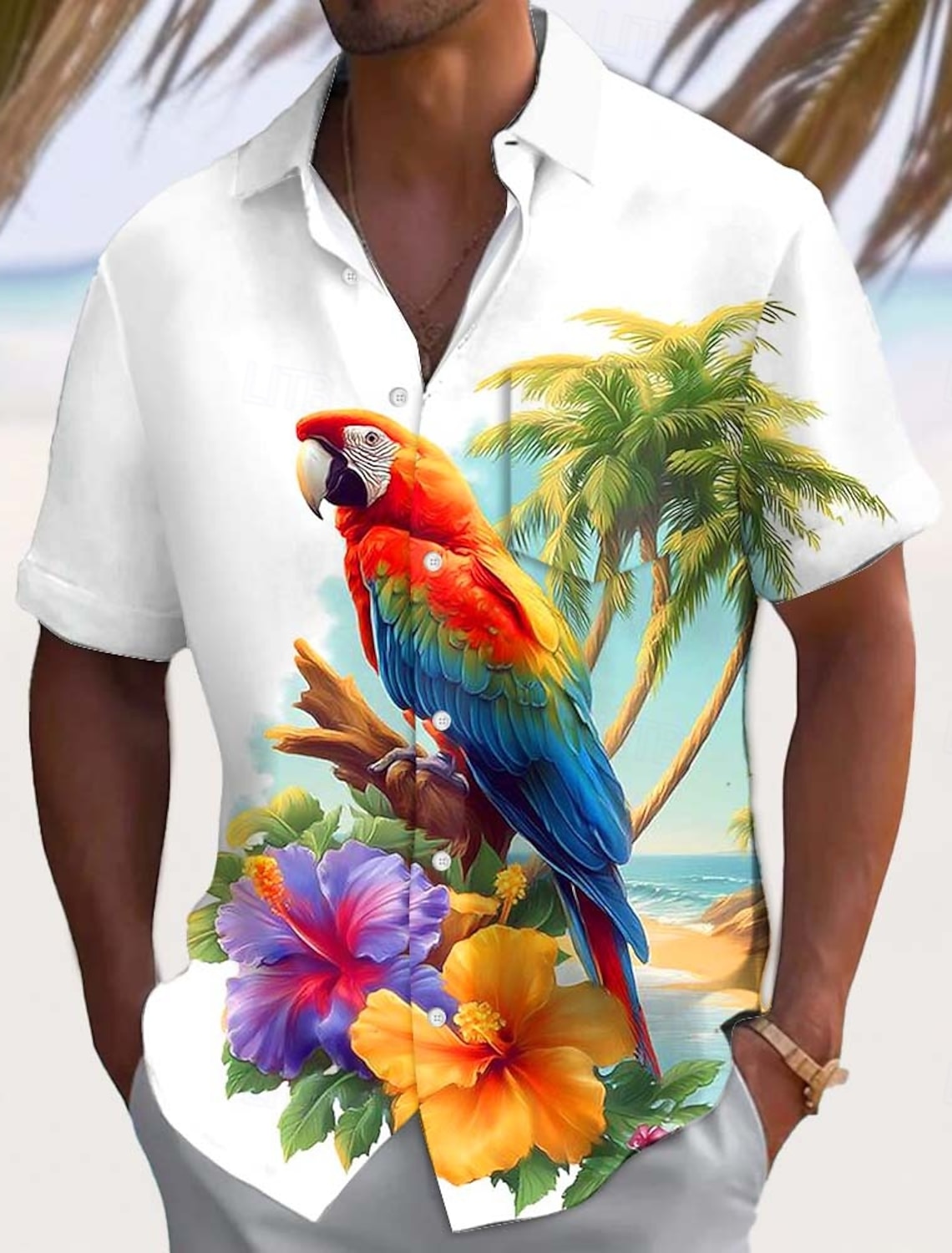 Men's Parrot Tropical Plants Flowers Summer Hawaiian Shirt Button Up Shirt Aloha Shirt Short Sleeve Hawaiian Casual Vacation Summer Spring Turndown 3D Print Collared Shirts Front One Pocket White 1
