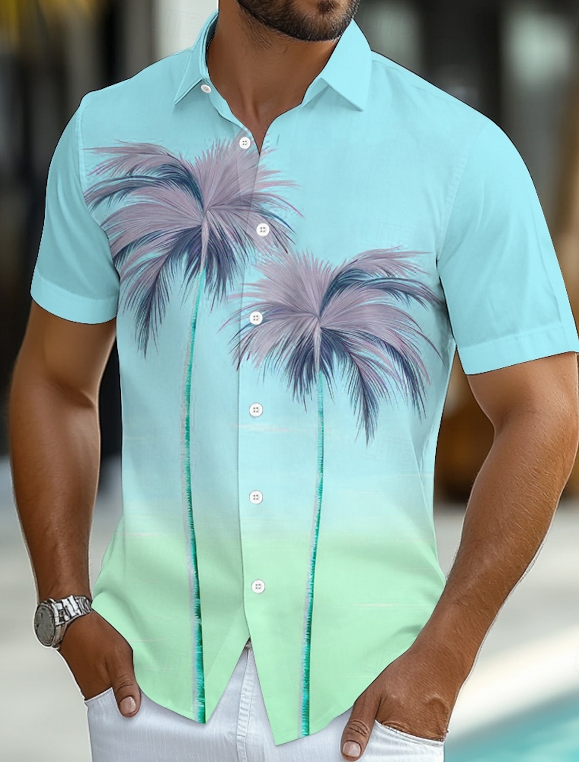 Men's Coconut Tree Gradient Color Tropical Plants Summer Hawaiian Shirt Button Up Shirt Aloha Shirt Short Sleeve Hawaiian Resort Vacation Holiday Beach Wear Summer Spring Turndown Collared Shirts