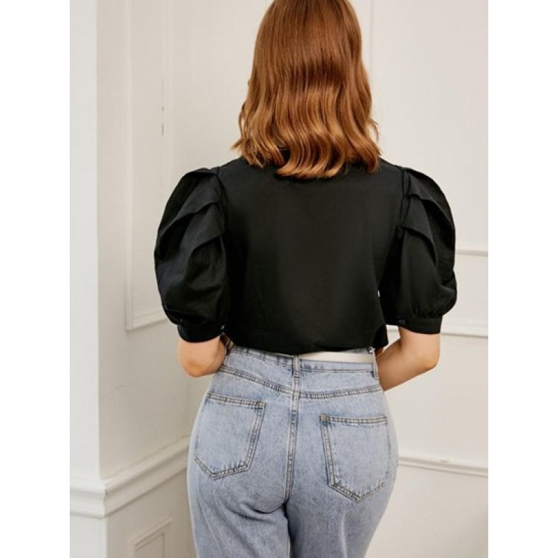 Retro Embroidered Flat Collar Puff Sleeve Blouse PO6893