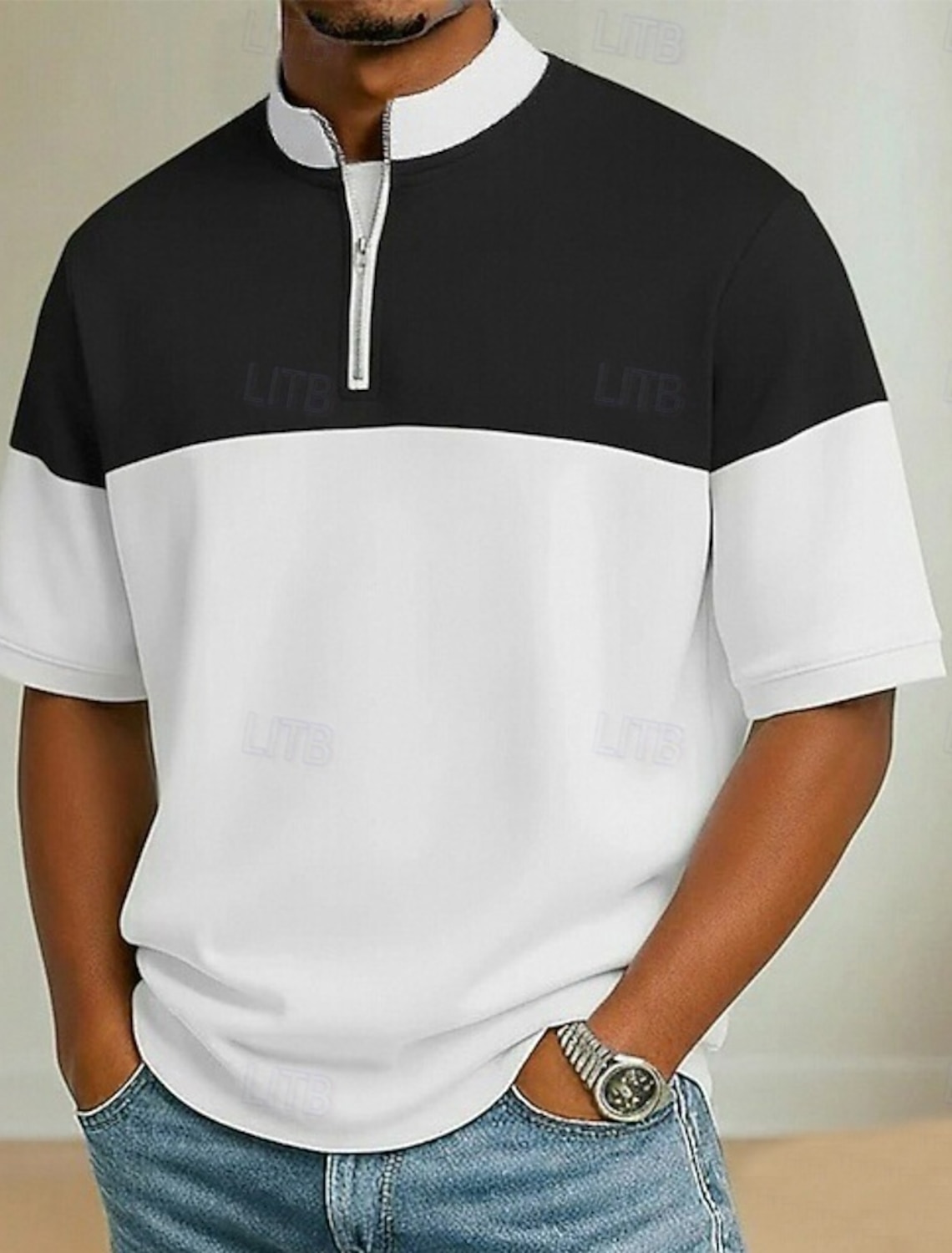 Men's Color Block Zip Polo Shirts Long Sleeve Grandad Collar Casual