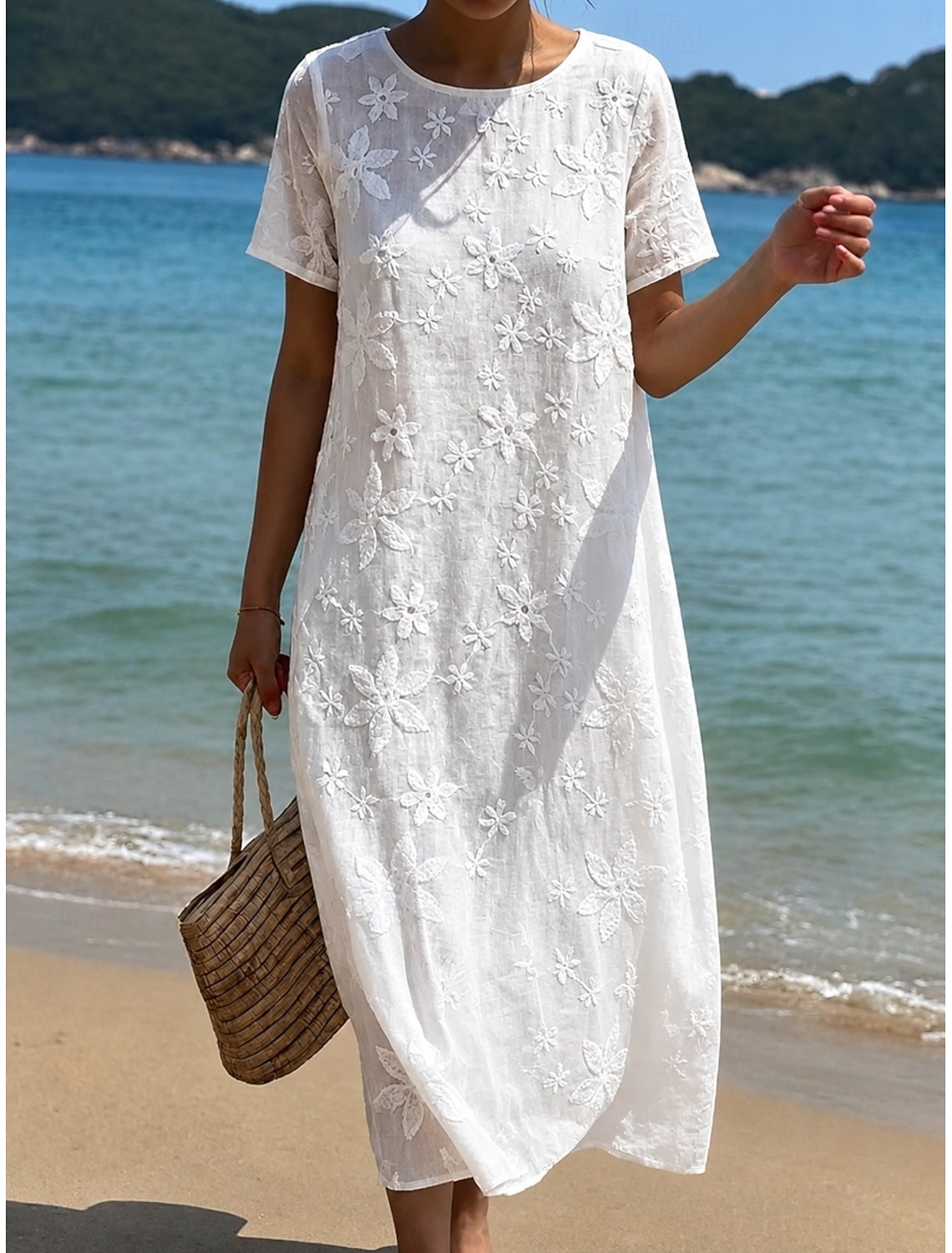 Women's Midi Dress Lace Dress White Dress Summer Dress Elegant Fashion Beach Vacation Holiday Loose Fit Floral Half Sleeve Crew Neck White Summer Spring