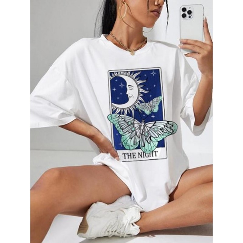 Moon Star Butterfly Print Drop Shoulder T Shirt XG4316