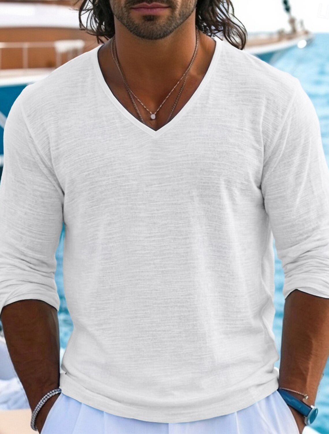Men's Tee Top Linen T-Shirt Long Sleeve V Neck Summer Spring & Soli #1