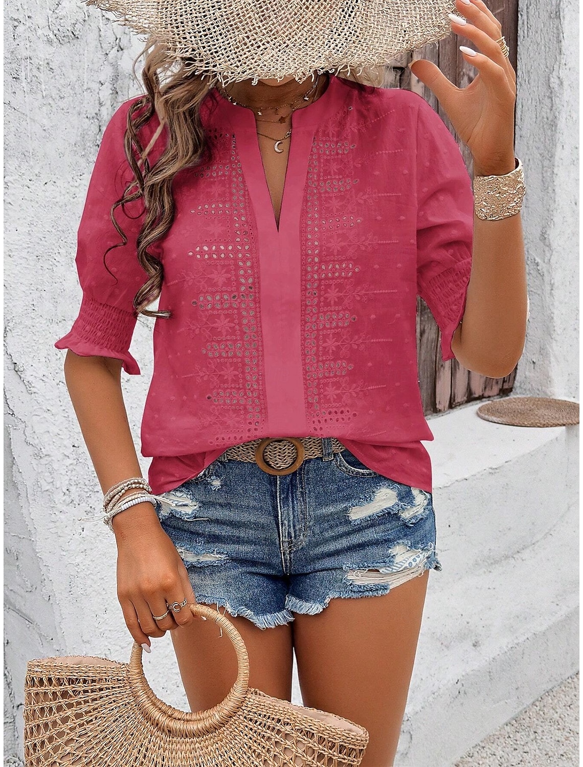 Women's Blouse Lace Embroidered Solid Color Vintage Stylish Casual Short Sleeve V Neck Regular Tops Casual Daily Blue White Pink Green Summer Spring