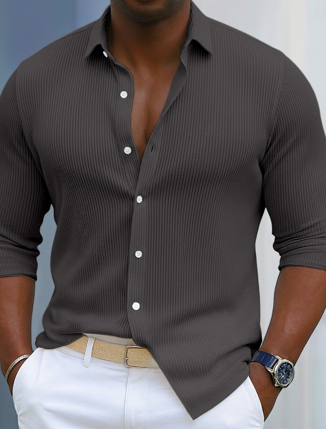 Men's Shirt Corduroy Button Up Blue Black White Navy Purple Long