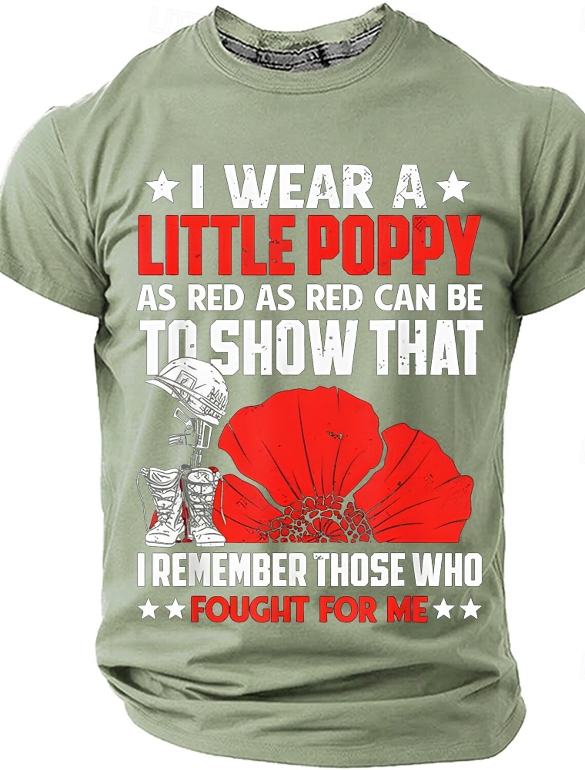 Memorial Day Remembrance Day I Wear A Little Poppy As Red As Red Can Be Men's Soldier Helmet Red Poppy Patriotic Graphic T Shirt Short Sleeve Crew Neck Tee Designer Clothing Apparel S M L XL XXL XXXL