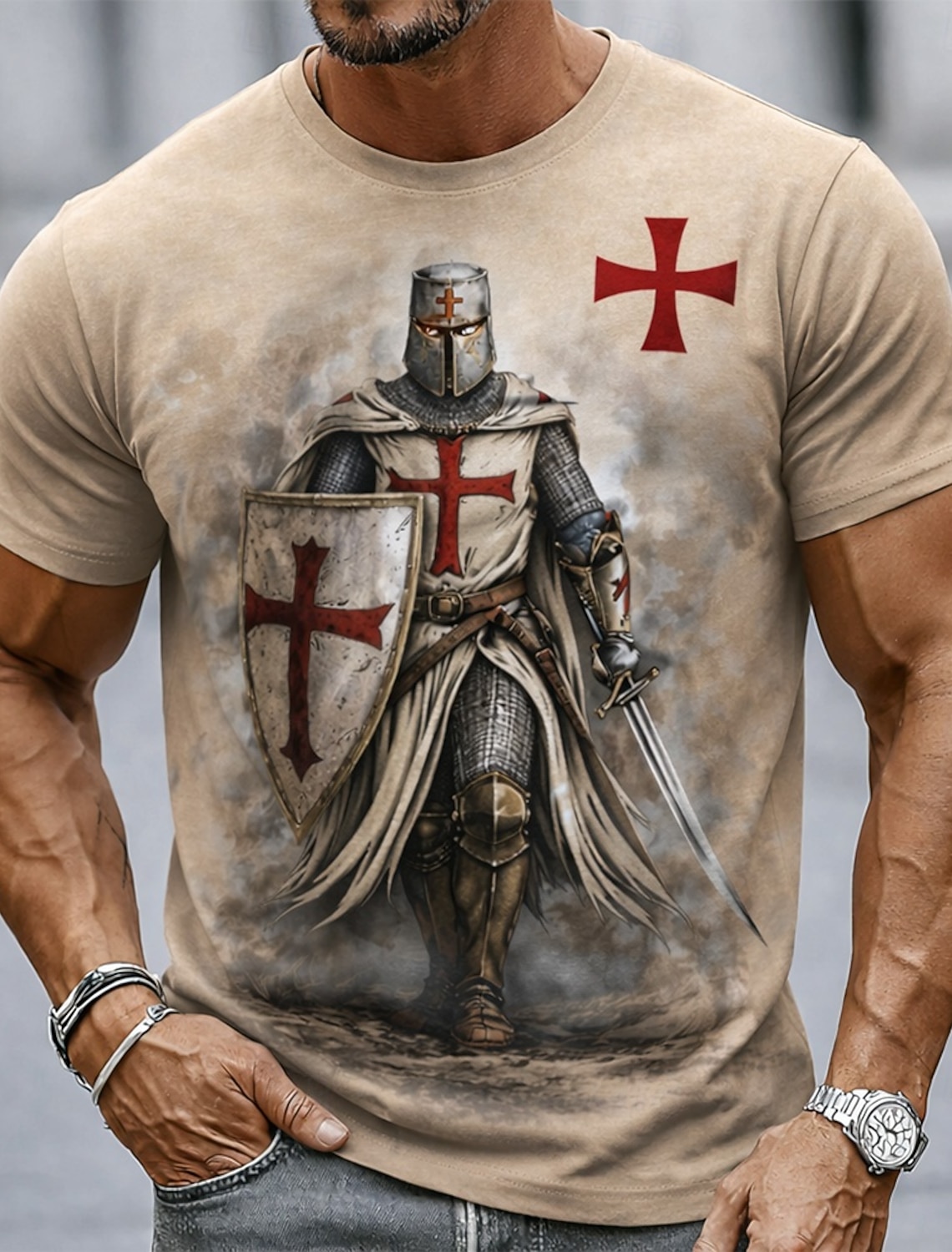 Men's Knight Templar Red Cross Sword Shield Crusader Medieval Christian Vintage Heroic Short Sleeve T-Shirt All Over Print Casual Fit Streetwear Daily Wear Designer Clothing Apparel S M L XL XXL XXXL