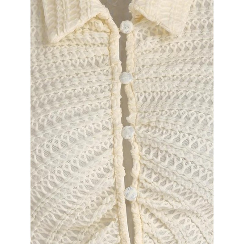 Textured Loop Button Scarf Hem Slit Top AI0668