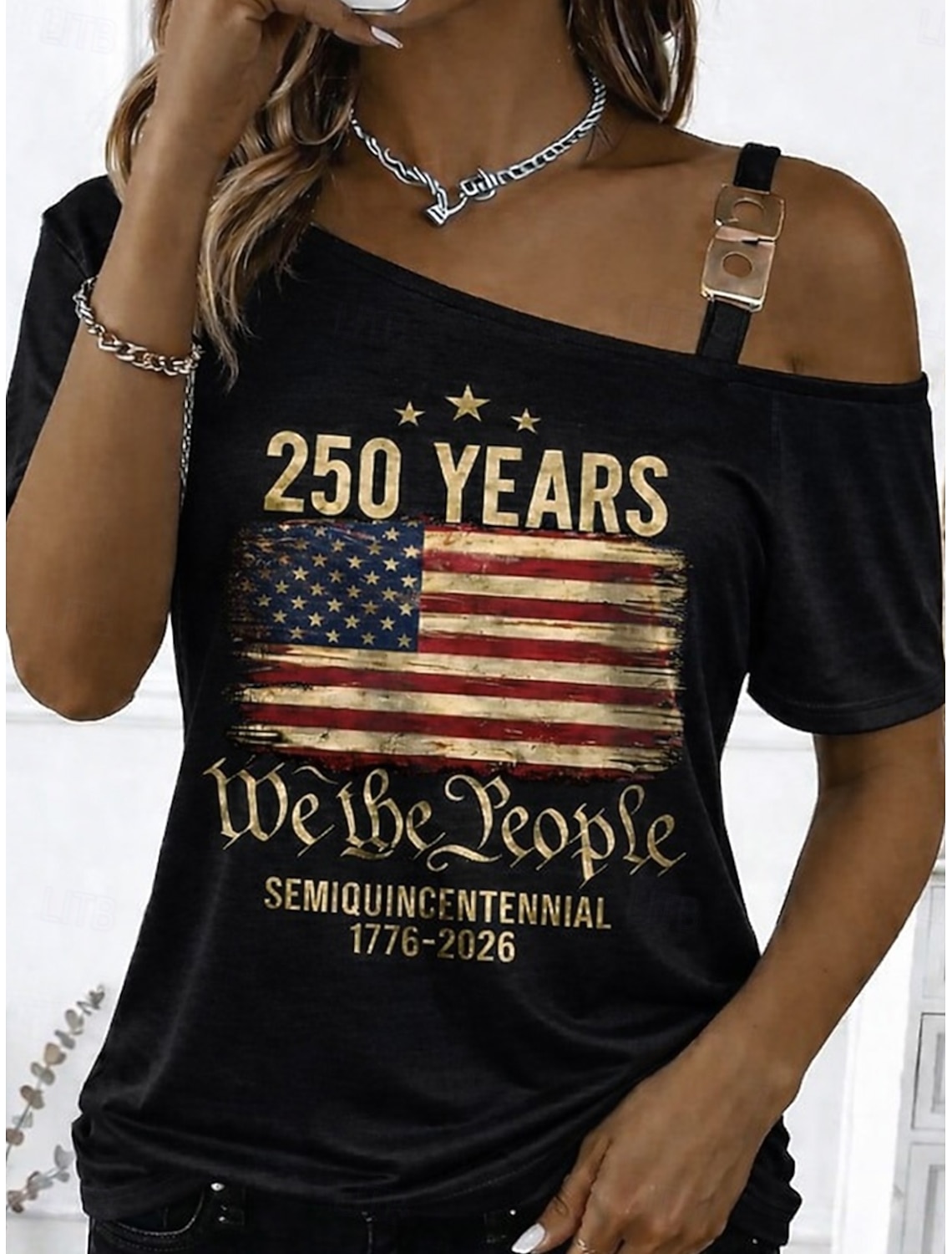 Independence Day American Anniversary Patriotic Women's T Shirt Print Asymmetrical Graphic Flag American Flag Vintage Fashion Stylish Short Sleeve One Shoulder Regular Tops Daily