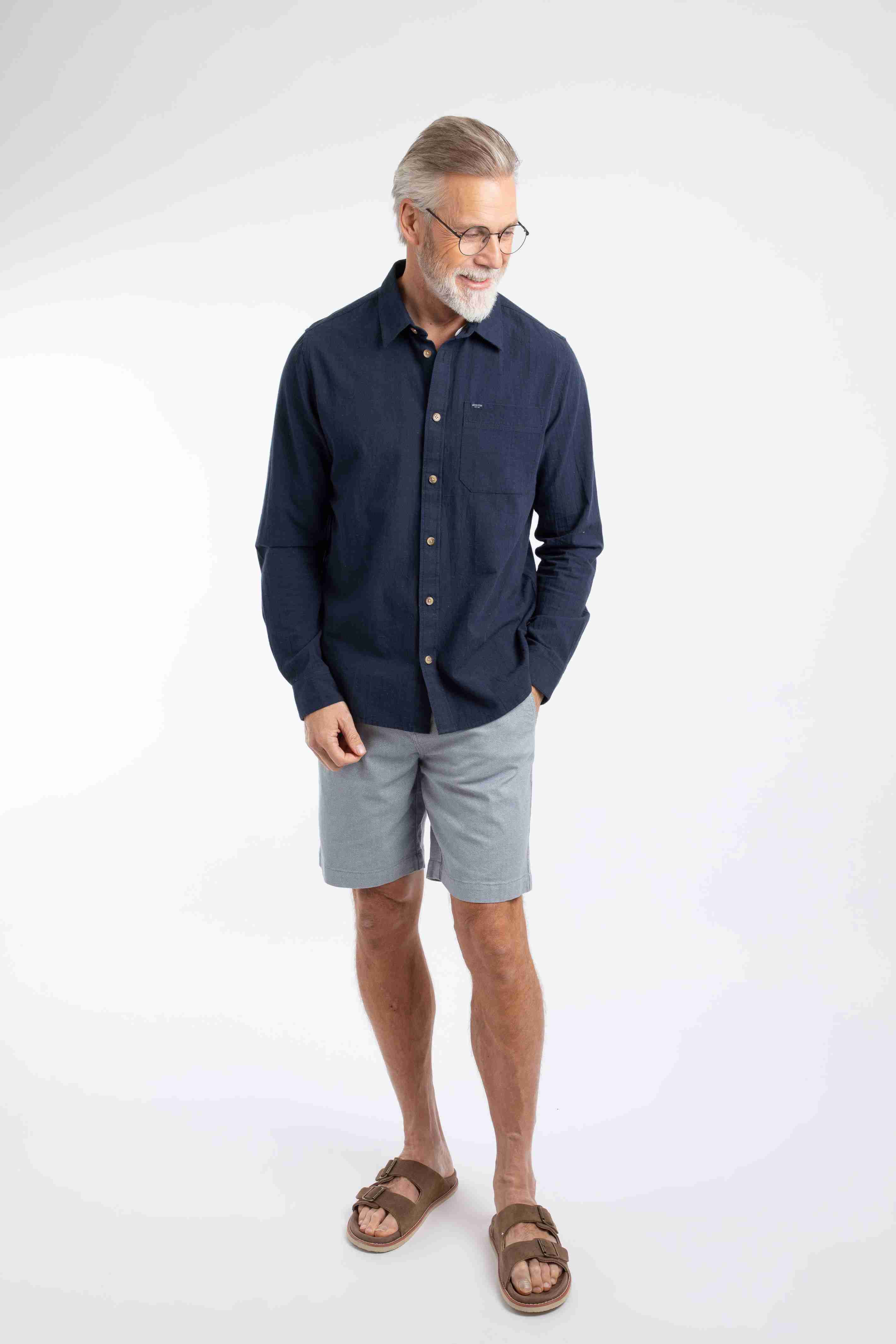 Geoffery Long Sleeve Textured Crepe Shirt Navy