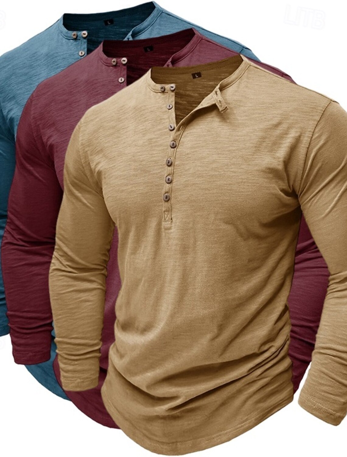 3pcs Men's Henley Shirt Tee Top Long Sleeve Solid Color Fashion Daily