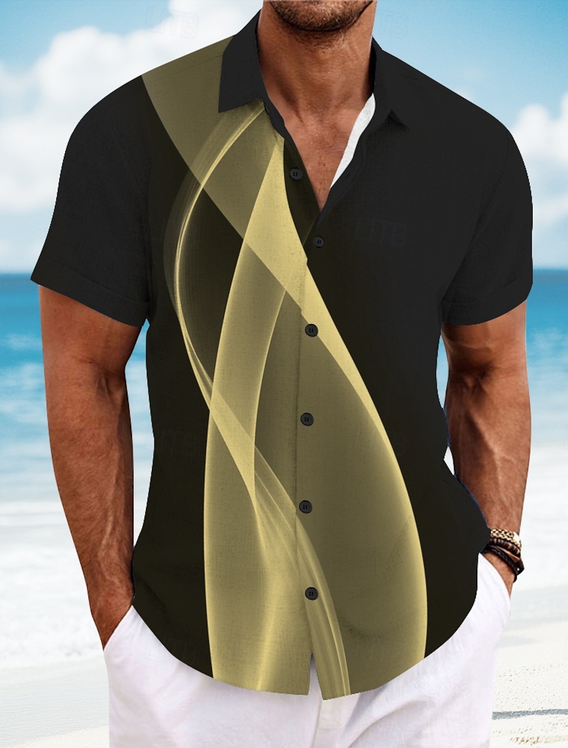 Men's Geometric Gradient Color Line Shirt Summer Button Up Short