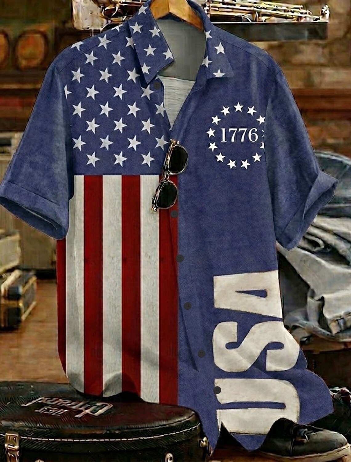 Men's 4th of July U.S. 250th Anniversary Gradient Color US Flag Shirt Button Up Shirt Short Sleeve Patriotic Outdoor Holiday Summer Spring Turndown 3D Print Collared Shirts Blue Black Red Purple