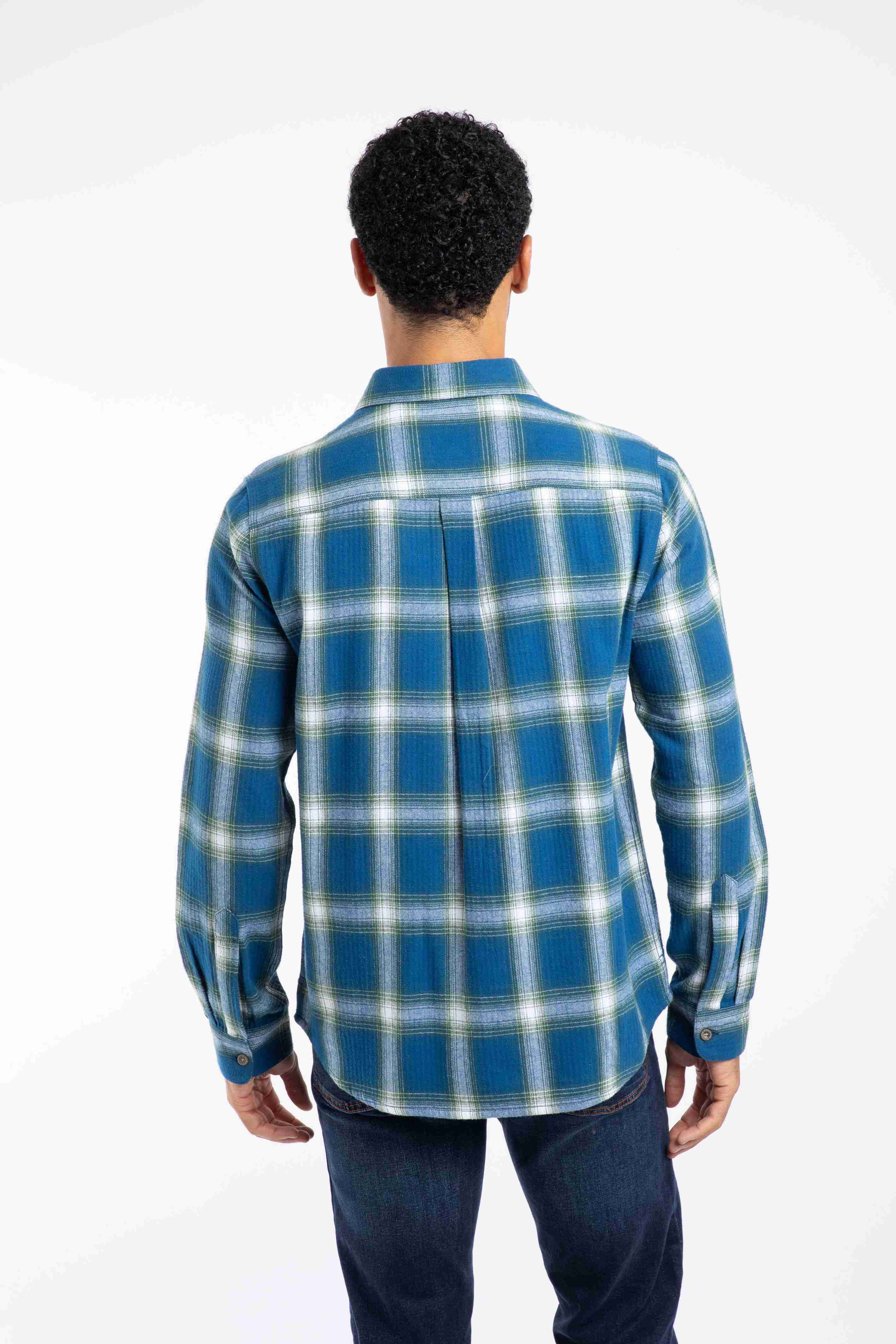 Broxton Organic Cotton Long Sleeve Herringbone Check Shirt Blue