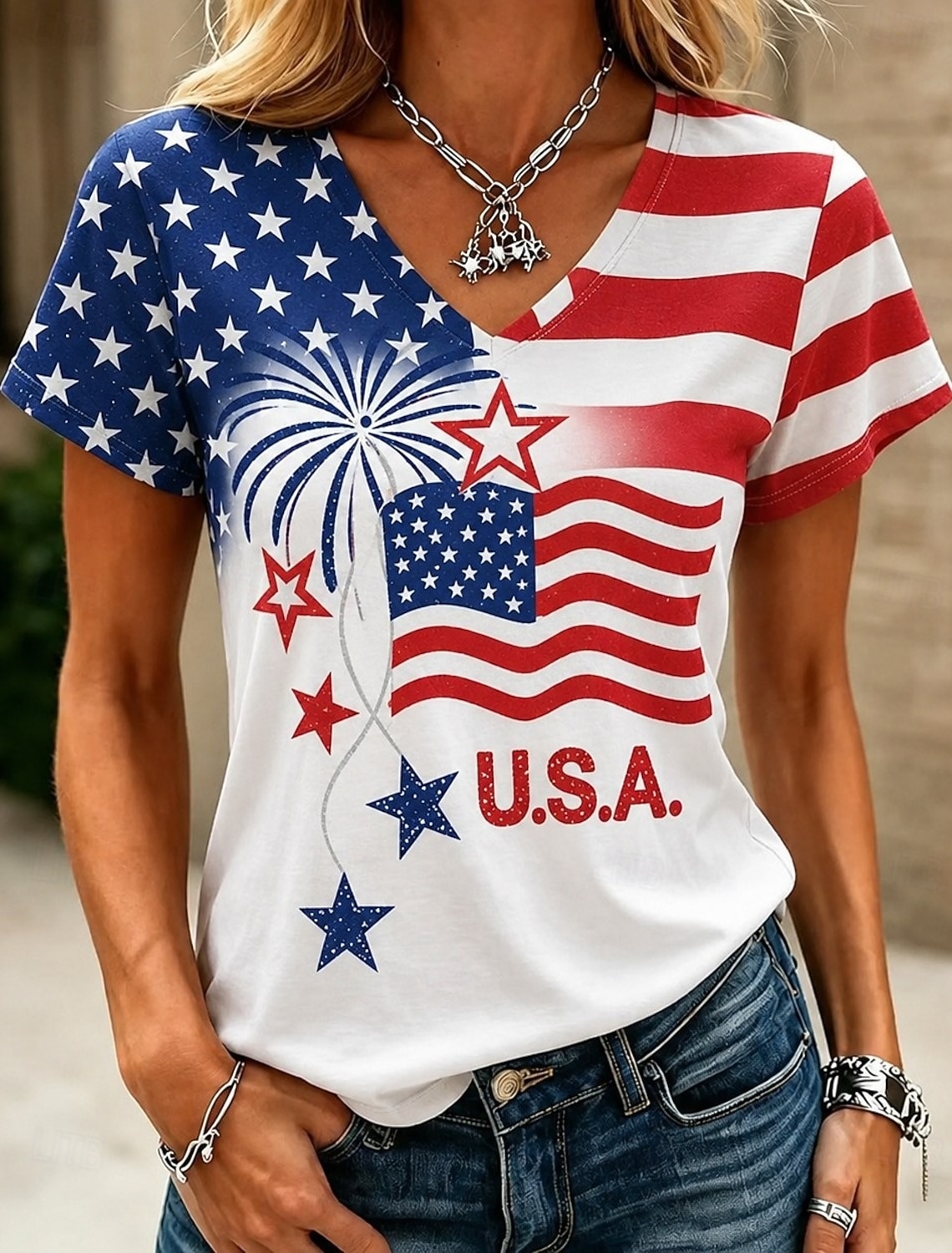 American Independence Day Women's T Shirt Print Graphic Flag American Flag Vintage Stylish Classic Short Sleeve V Neck Regular Tops Daily Blue White-Blue White Red Summer Spring