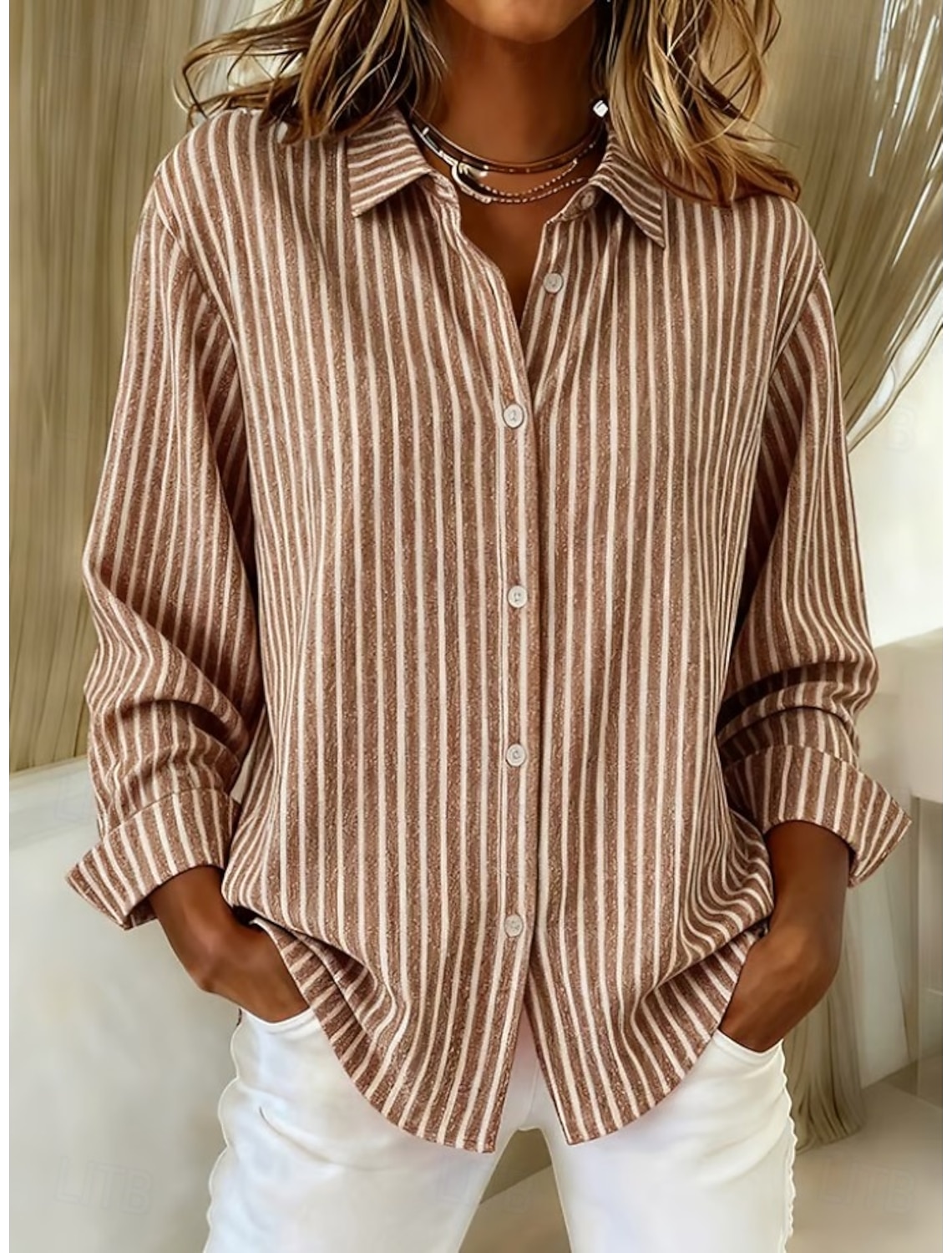 Women's Shirt Blouse Buttons Print Striped Vintage Stylish Casual Long Sleeve Shirt Collar Regular Tops Daily Blue Red Light Brown Orange Gray Spring Fall Winter